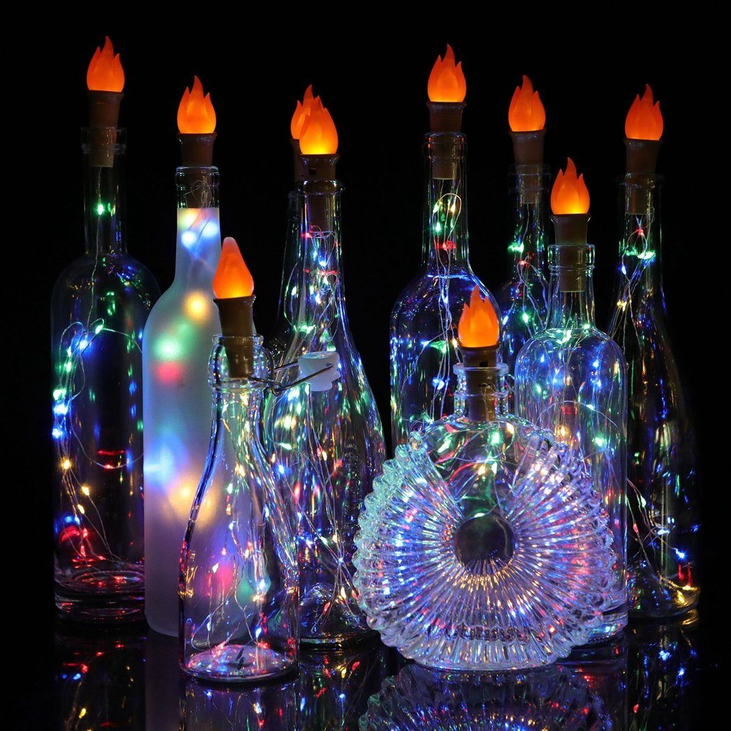 TUABUR Lichterkette 6 Stück Weinflaschen-Korkenlampe mit Flamme, Weinflaschenlampe