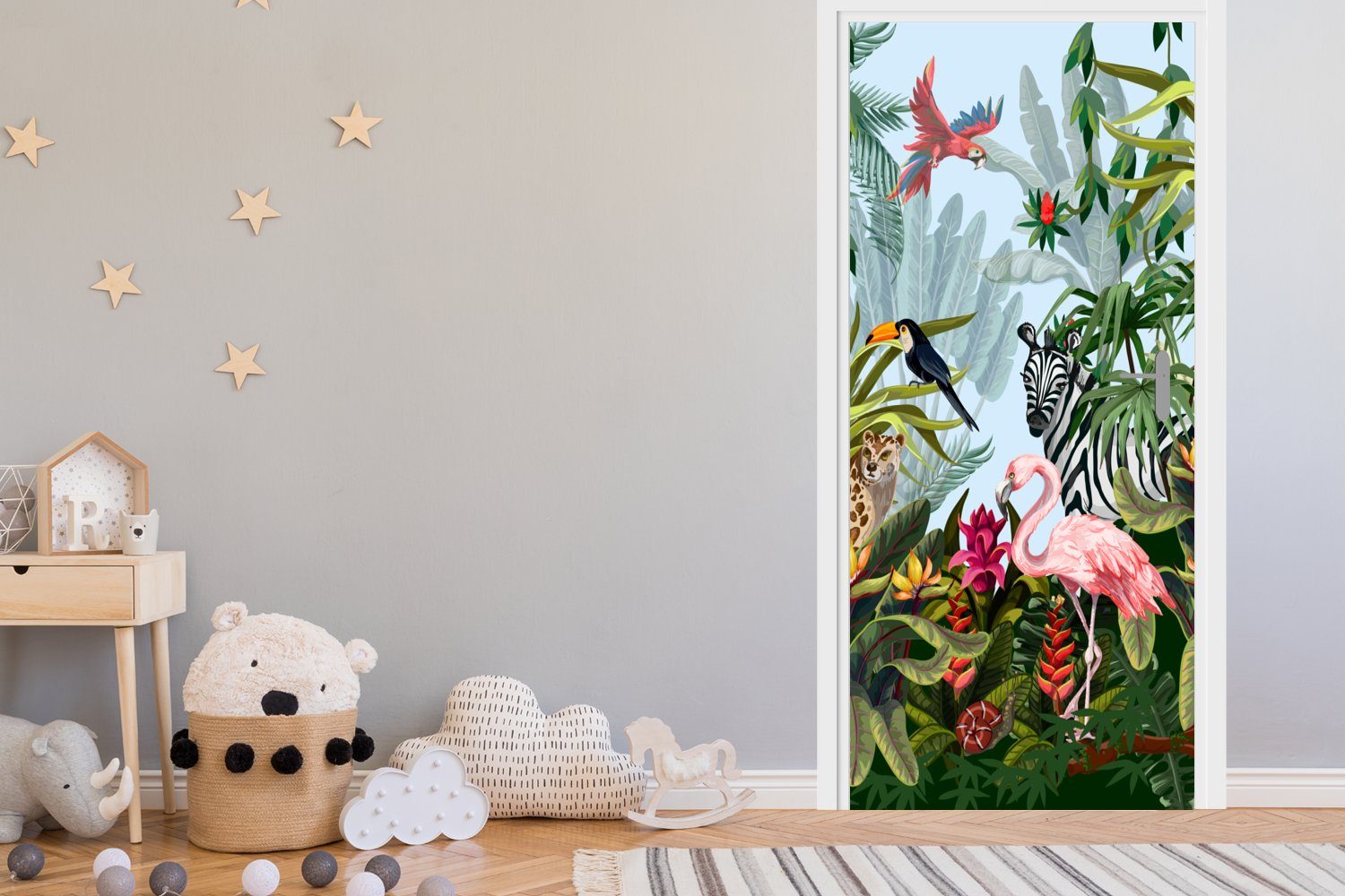 MuchoWow Türtapete Dschungel - Natur 75x205 cm bedruckt, Matt, - Fototapete Jungen Mädchen Zebra Kinder - St), Tür, - Türaufkleber, - Flamingo, - für (1