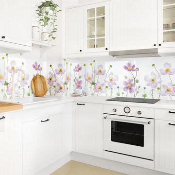 Bilderdepot24 Küchenrückwand weiß dekor Blumen Landhaus Wandpaneel Küche Anemonen Mix, (1-tlg., Nischenrückwand - für Fliesenspiegel ohne Bohren - matt), Spritzschutz Rückwand Küche Herd - Folie selbstklebend versch. Größen