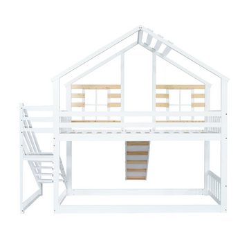 Ulife Etagenbett Doppelbett Kinderbett Hausbett mit Rutsche und Treppe, Blockhaus Kinderbett mit Absturzsicherung und Fenster,90x200 cm