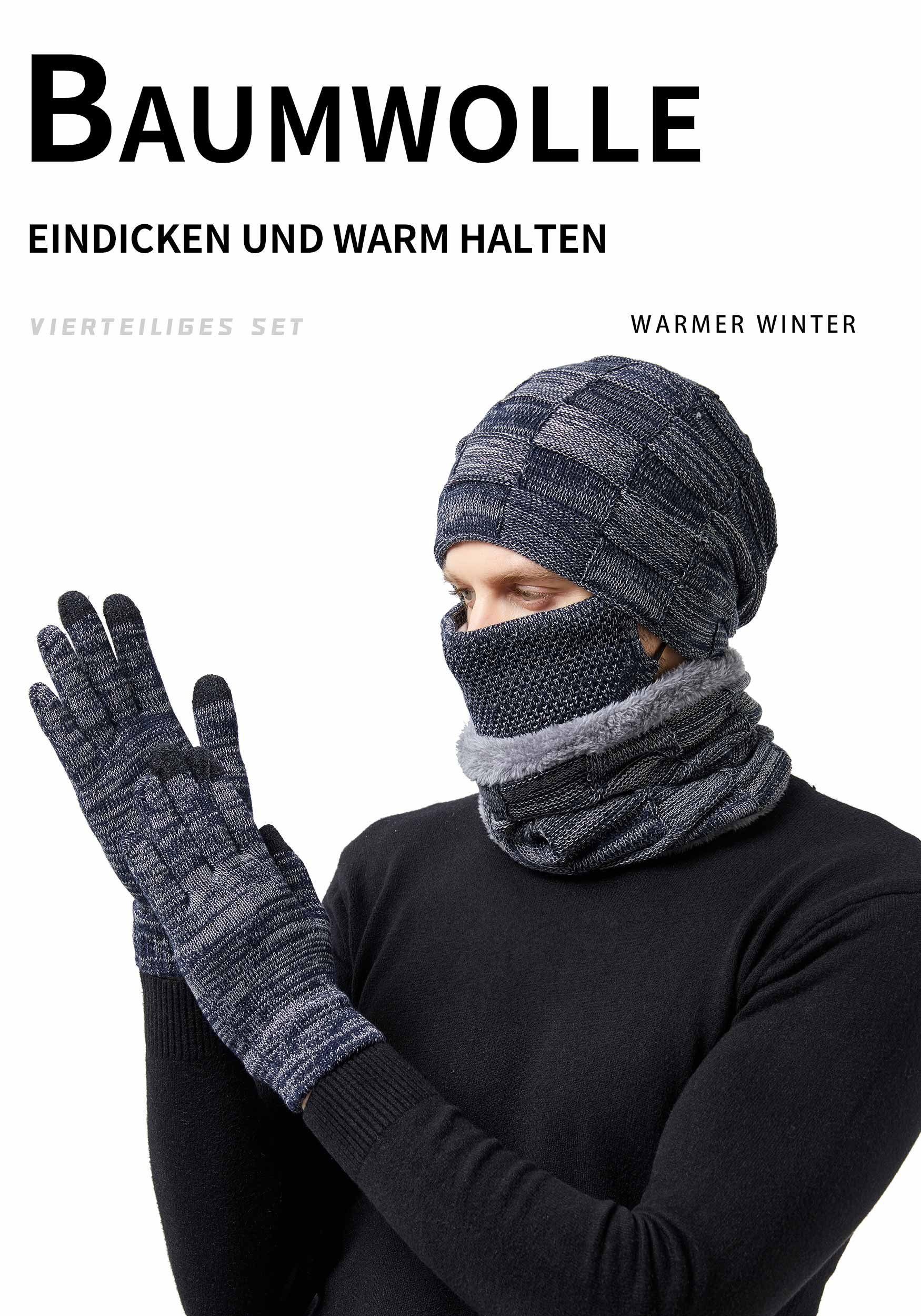 Blau Strickmütze Schal Navy Set 4-teiliges MAGICSHE Handschuhe Strickmütze, und