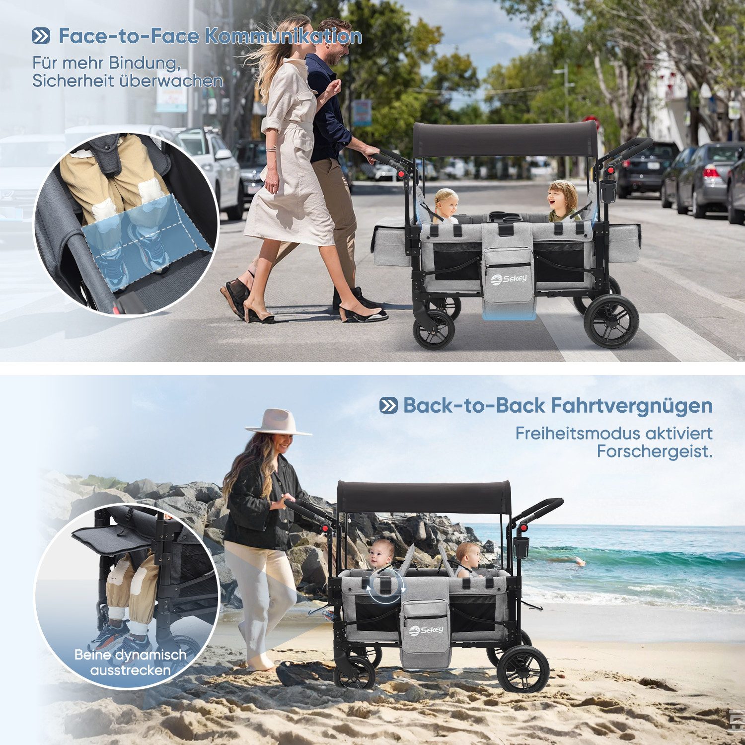 Sekey Bollerwagen für Kinder zum Sitzen, Bollerwagen Faltbar Kinderwagen für 2 Kinder, Duo Schiebegriff Kinderwagen mit 2 integrierten 5-Punkt-Gurtsystem