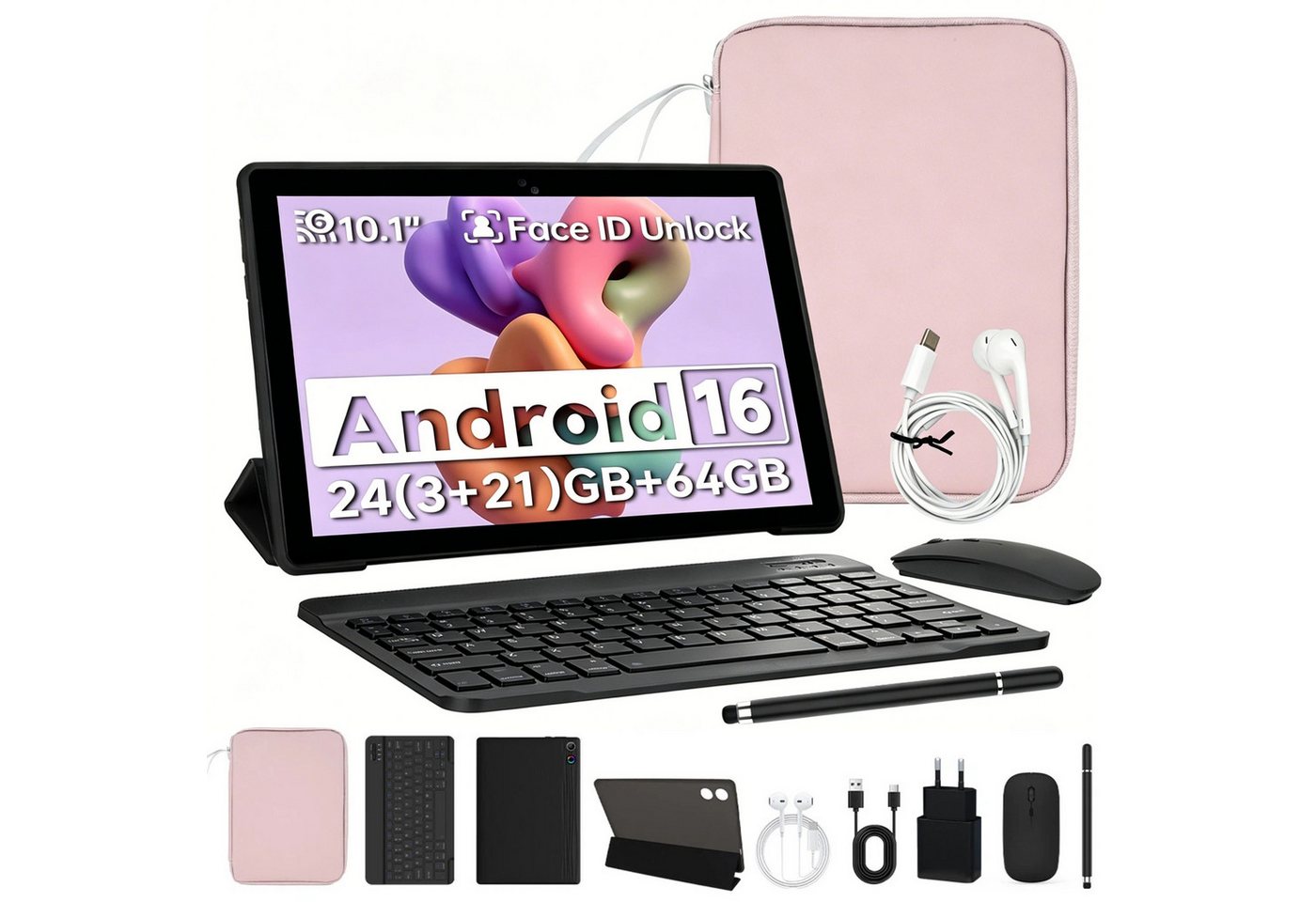 Happybe 10 Zoll, 64GB, Android 15/16, mit Tastatur Hülle Set, WiFi 6, BT 5.4 Tablet (10,1", 64 GB, Android 16, WiFi, 5-Core, WiFi 6, HD 1280x800, 6000mAh Akku)