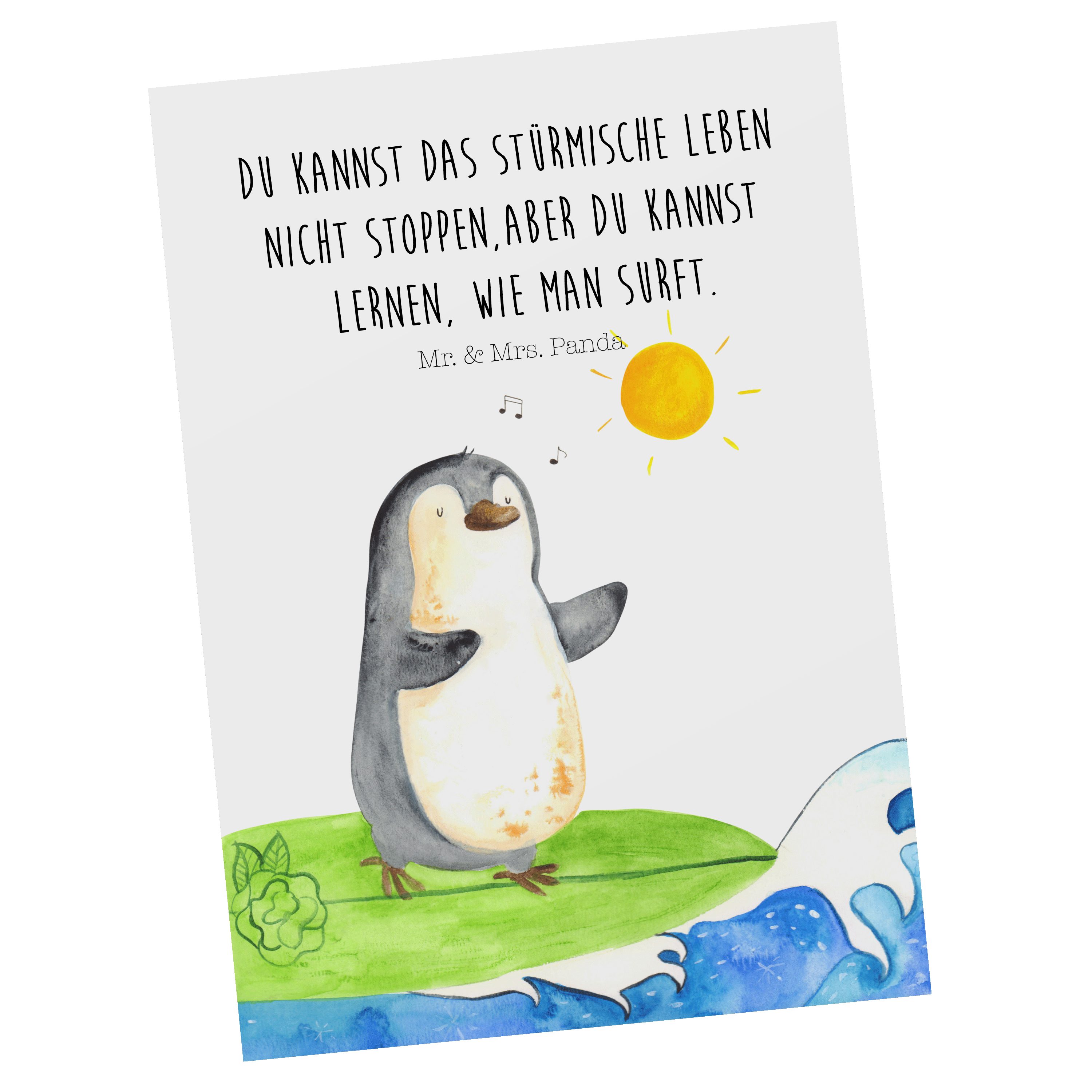 Mr. & Mrs. Panda Postkarte Pinguin Surfer - Weiß - Geschenk, Wellen, Ansichtskarte, Karte, Urlau