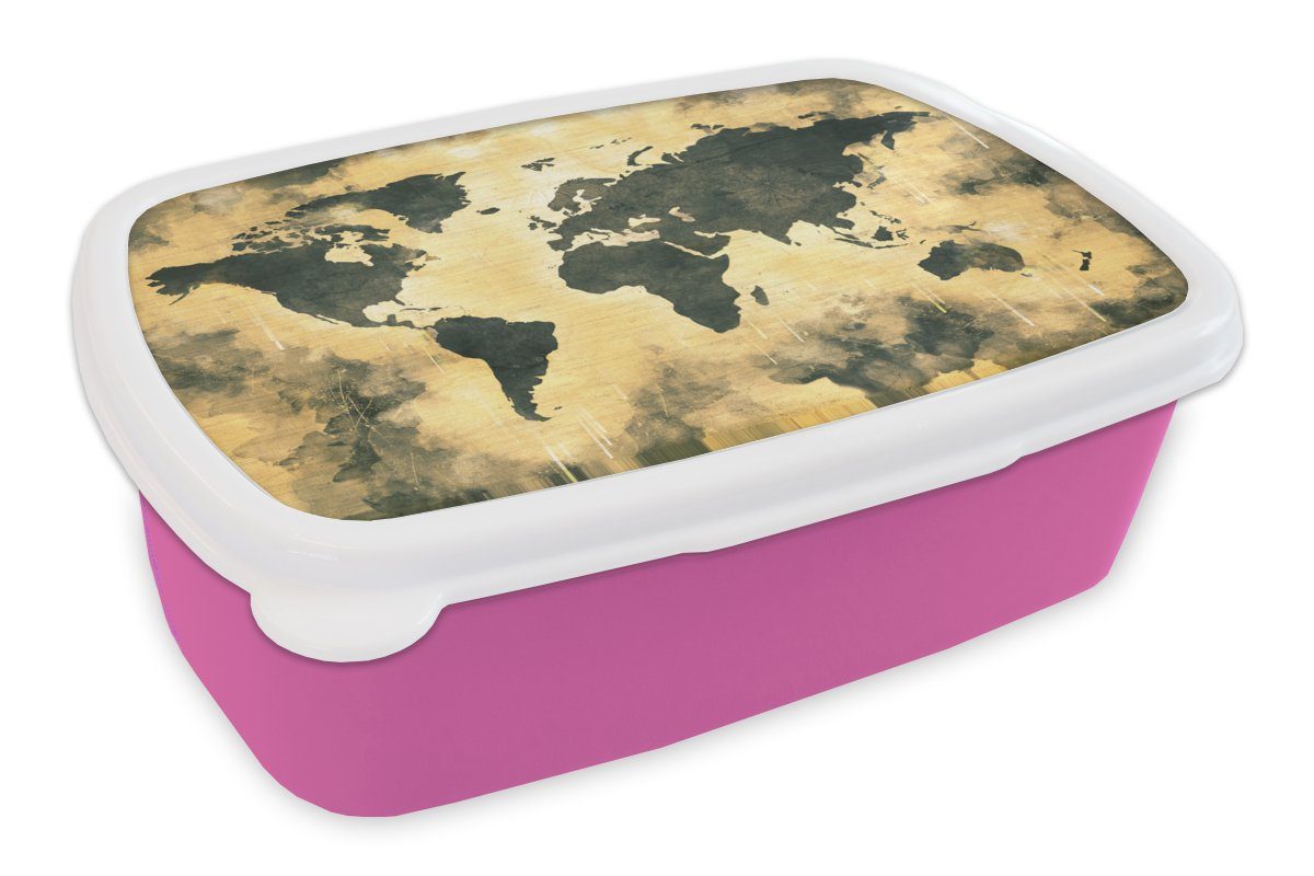 MuchoWow Lunchbox Weltkarte - Schwarz - Braun, Kunststoff, (2-tlg), Brotbox für Erwachsene, Brotdose Kinder, Snackbox, Mädchen, Kunststoff rosa