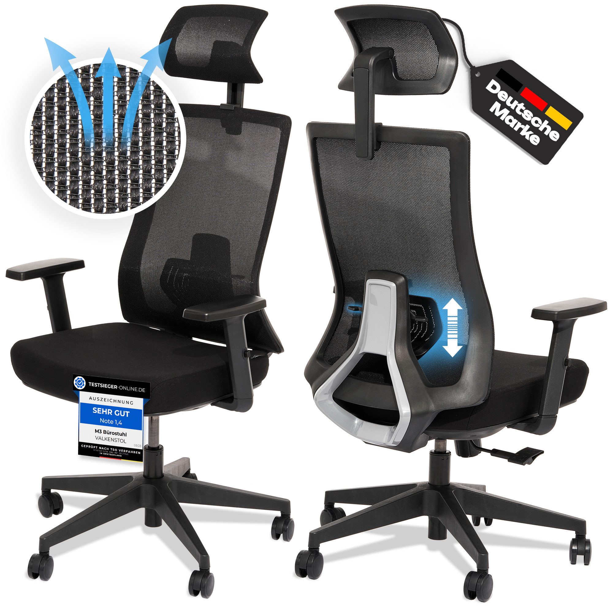 VALKENSTOL Bürostuhl M3 Ergonomischer Bürostuhl 150 kg [Höhenverstellbare Lordosenstütze], Einstellbare Kopfstütze