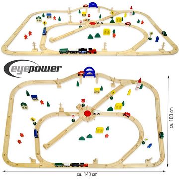 eyepower Spielzeug-Eisenbahn 96 Teile XXL Holzeisenbahn Set 6m Schienen Holz, Holz Eisenbahn Kinder Spielzeug