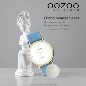 OOZOO Quarzuhr Oozoo Damen Armbanduhr babyblau Analog, Damenuhr rund, groß (ca. 40mm) Lederarmband, Fashion-Style