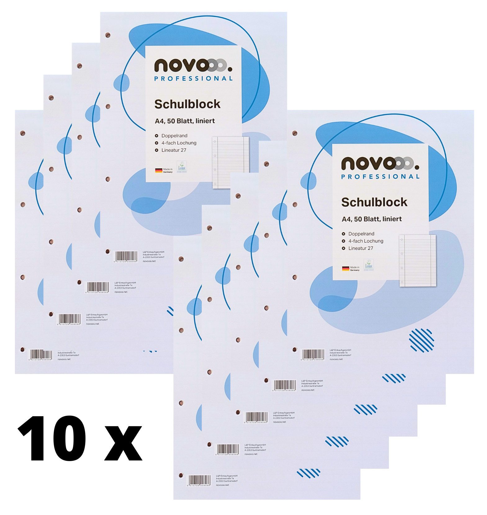 NOVOOO Notizblock 10 x Schreibblock A4 LINIERT Notizblock College Block 70g/qm, 50 Blatt, Made in Germany, EU Ecolabel