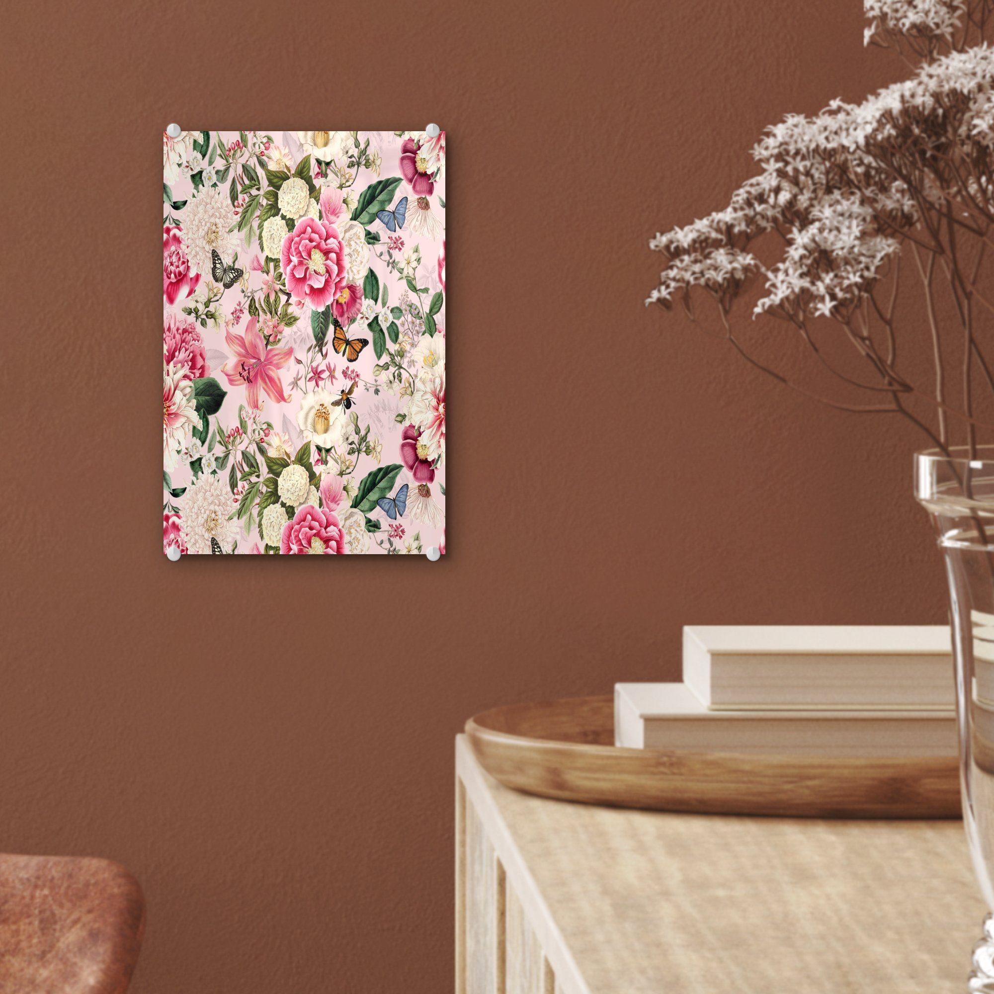 - MuchoWow Bilder Wandbild auf - Hortensie, Acrylglasbild Schmetterlinge (1 auf - Glas - Wanddekoration St), Glas Blumen - Foto Glasbilder