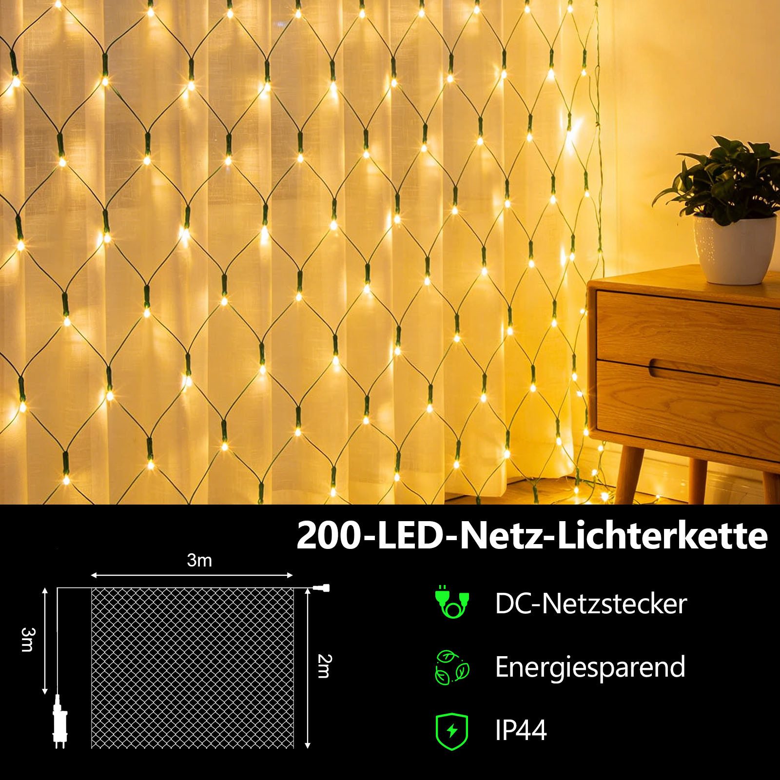 OZAVO LED-Lichternetz 1/2er LED Lichterkette Außen mit Fernbedienung Timer 8Modi, 3 x 2m, 200-flammig, Lichternetz Innen mit 8 Modi für Büsche Garten Zimmer Balkon