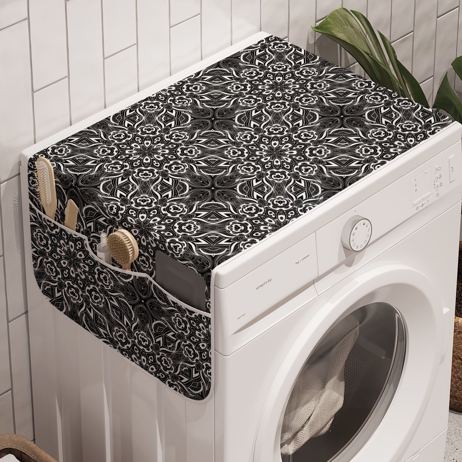 Abakuhaus Badorganizer Anti-Rutsch-Stoffabdeckung für Waschmaschine und Trockner, Schwarz und weiß Blatt Zusammensetzung