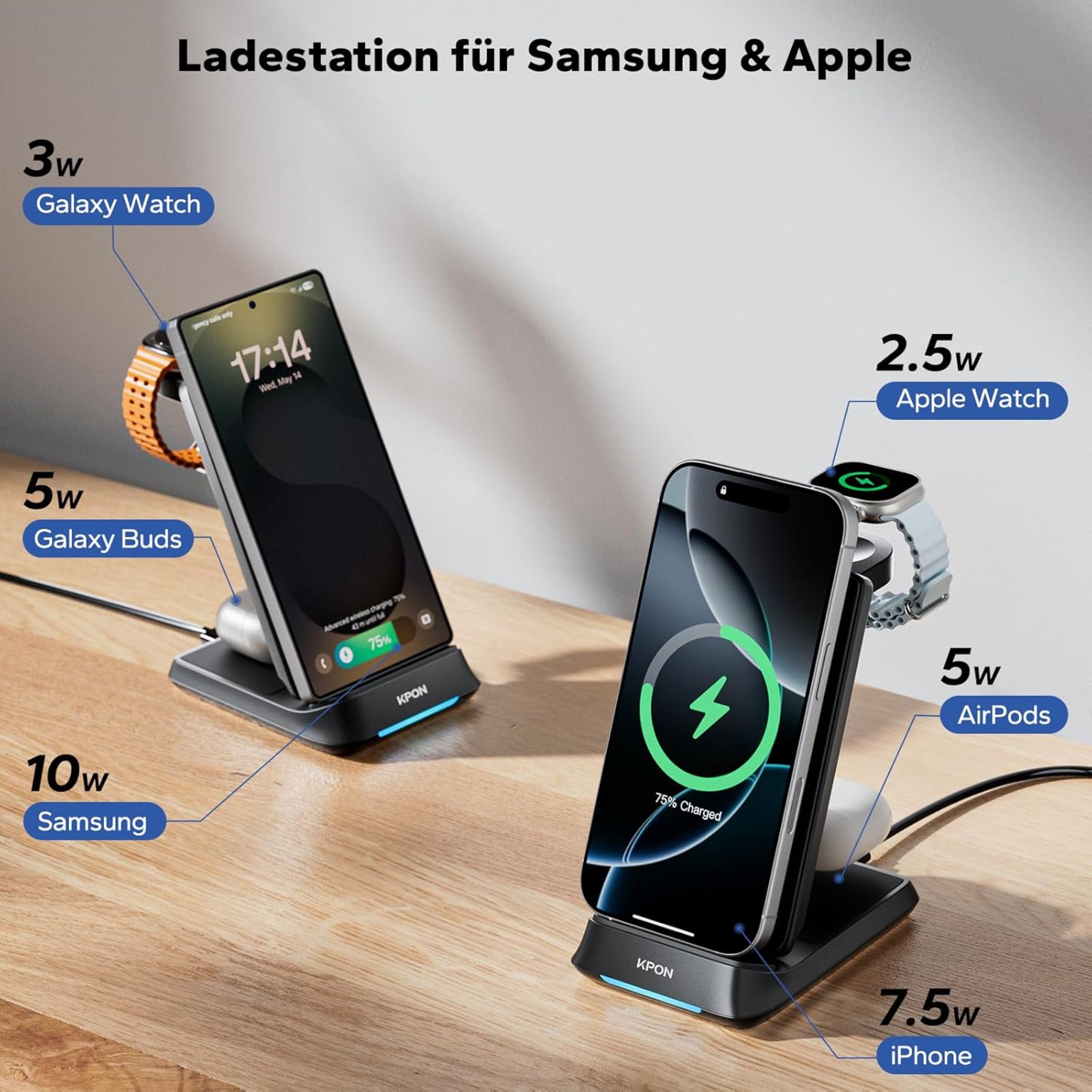 KPON 3-in-1 Induktive Ladestation 20W Faltbar Galaxy iPhone Watch AirPods Wireless Charger (1500 mA, Komplettset für Smartphone, Watch und Earbuds, Ladegerät mi – Bild 3 von 5