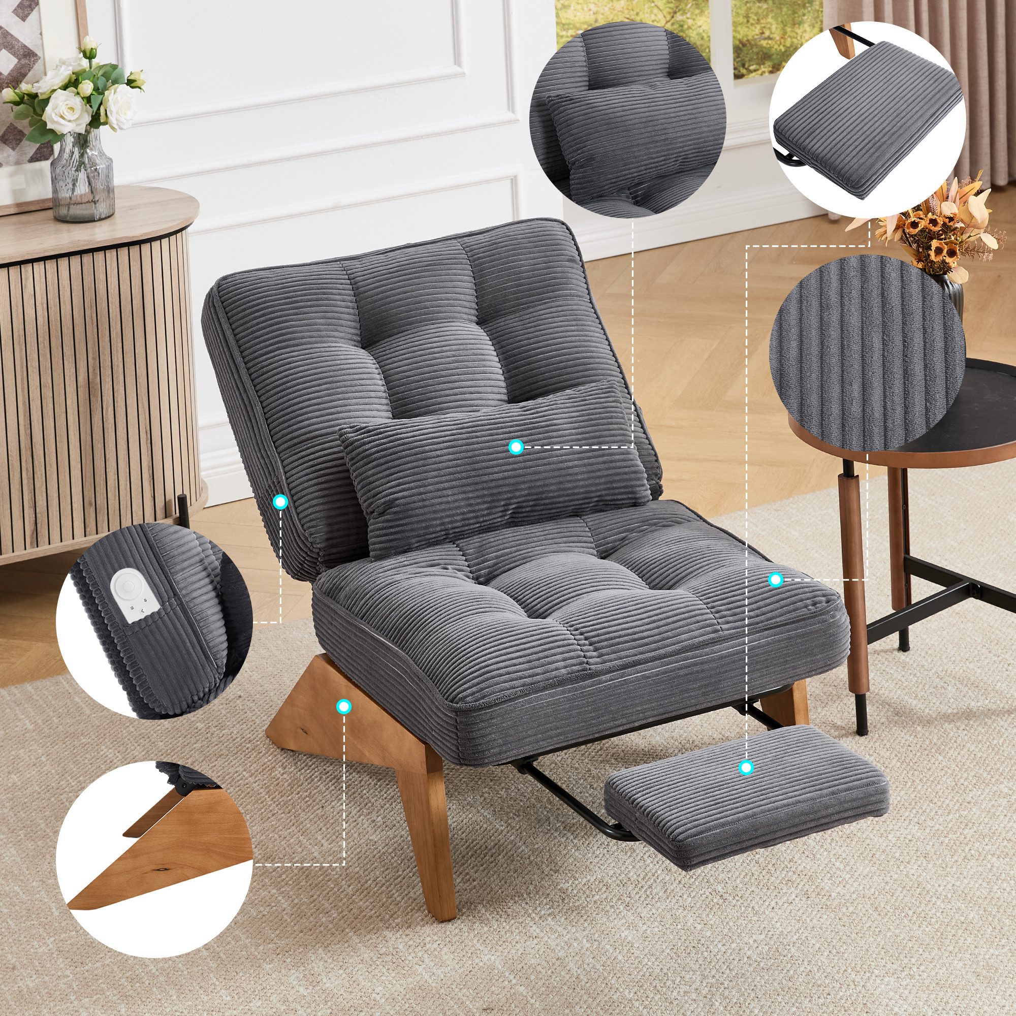 Furnishings Home Relaxsessel verstellbarer Loungesessel mit Fußstütze & Lendenkissen, Holzrahmen (Wohnzimmer/Schlafzimmer/Studierzimmer/Restaurant/Büro), Cord-Stoff, bis 220kg, verstellbare Rückenlehne, ausziehbare Fußstütze
