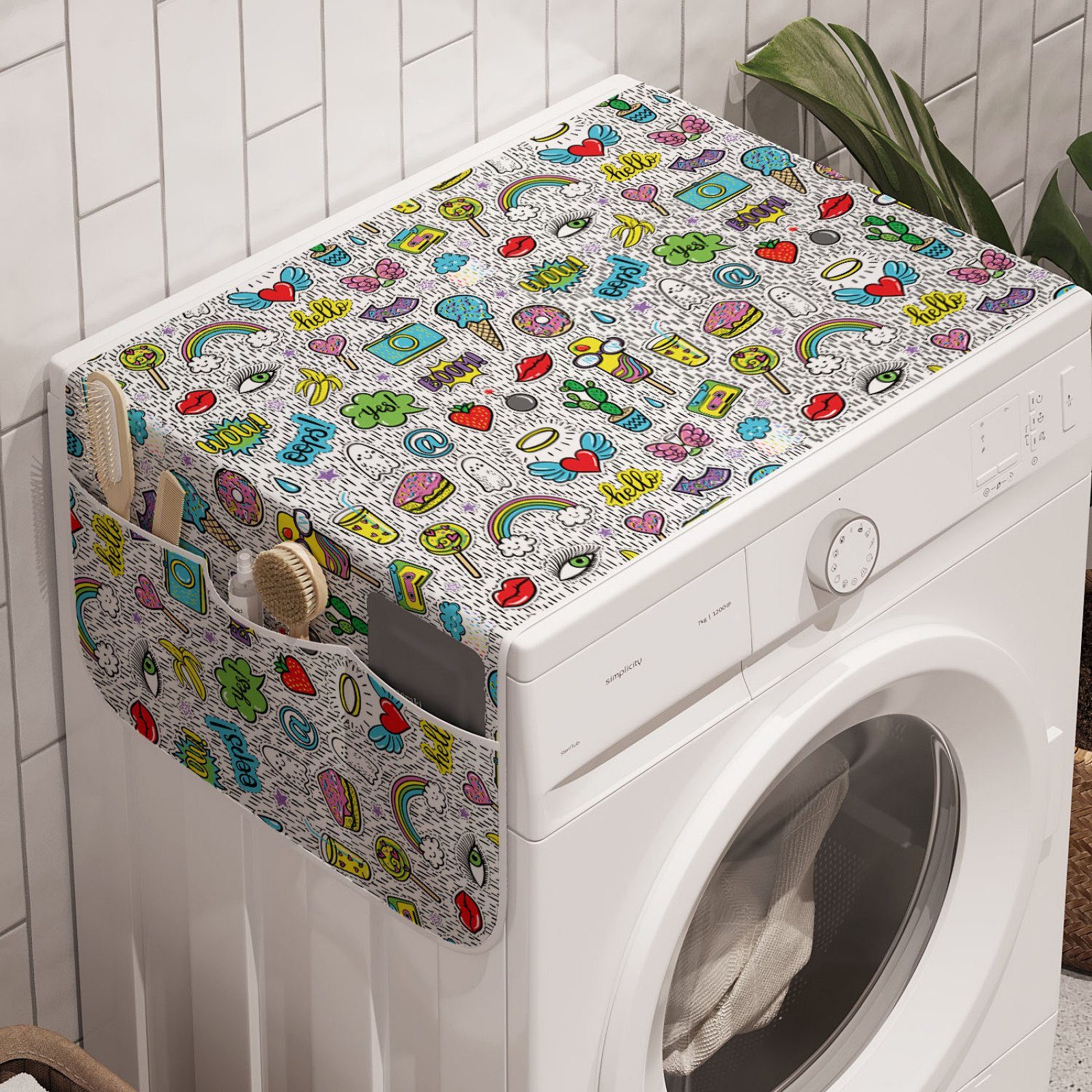 Abakuhaus Badorganizer Anti-Rutsch-Stoffabdeckung für Waschmaschine und Trockner, emoji Pop-Art-Karikatur