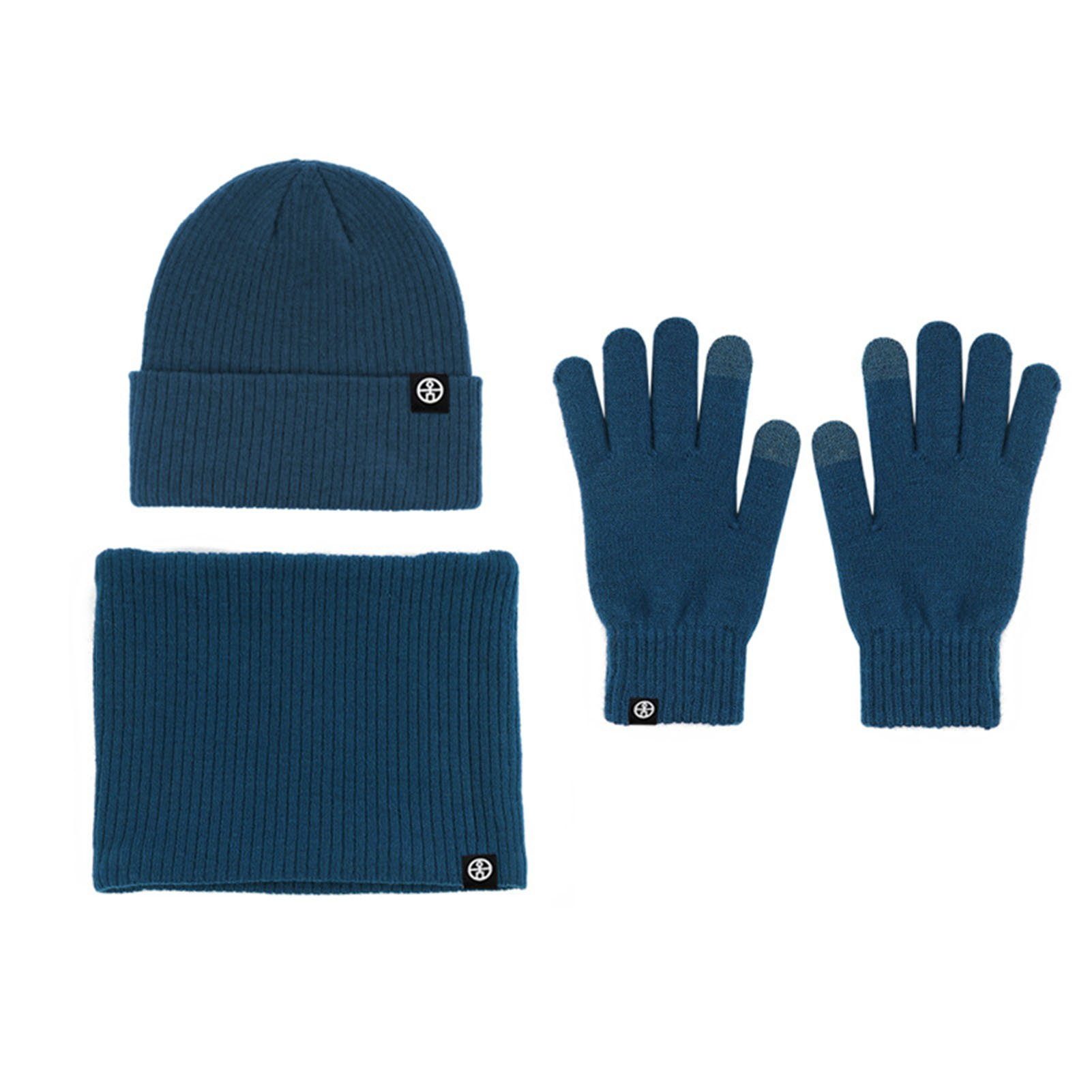 Rutaqian Schlupfmütze Unisex Beanie Strickmütze Winterschal Thermo Handschuhe (3-in-1 Winter-Set) Warme Knit Hut Loop Schal Rutschfeste Handschuhe Blau