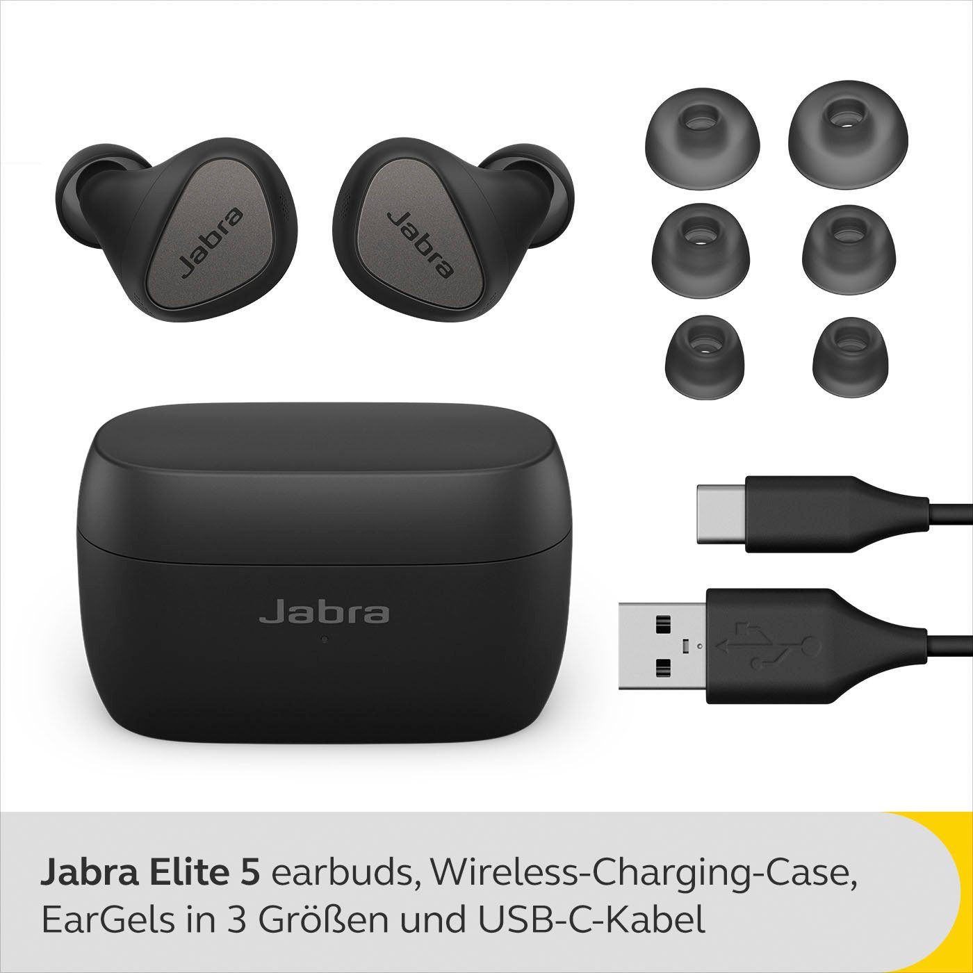 Jabra Elite 5 wireless In-Ear-Kopfhörer (ANC), Assistant, Google mit (ANC) Geräuschunterdrückung Noise (Active aktiver Schwarz/silberfarben hybrider Bluetooth, Siri, Cancelling Alexa
