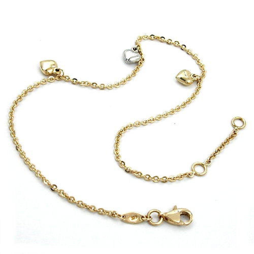 unbespielt Fußkette Fußkette 1,7 mm Ankerkette mit 3 Herzen bicolor 375 Gold 25 cm, Goldschmuck für Damen