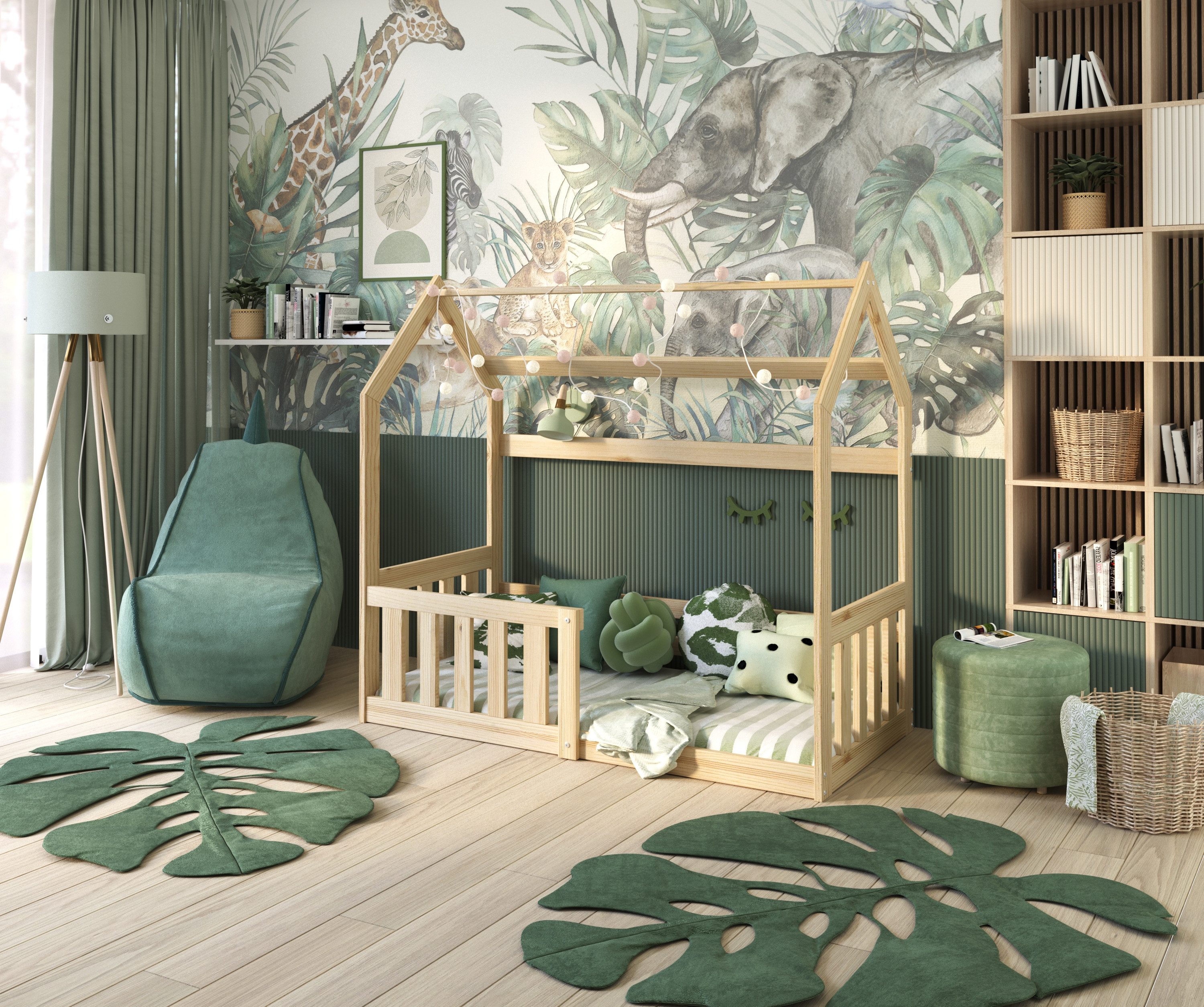 AJKmeble Hausbett Kinderbett Montessori Bodenbett mit Rausfallschutz Jungen und Mädchen (MADE IN EU - 80x160 und 80x190cm verfübar - in Natur oder Weiß, für Kinder oder Jugendliche - Kinderzimmerbett - Hausbett), aus Kieferholz massiv, Inkl. Rolllattenrost