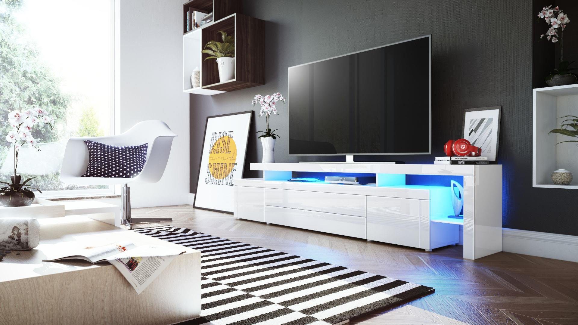 Vladon Lowboard Leon V3 (TV-Kommode, mit zwei Türen, zwei Schubkästen und einem modernen Überbau inkl. LED), Weiß Hochglanz/Weiß Hochglanz (227 x 52 x 35 cm)