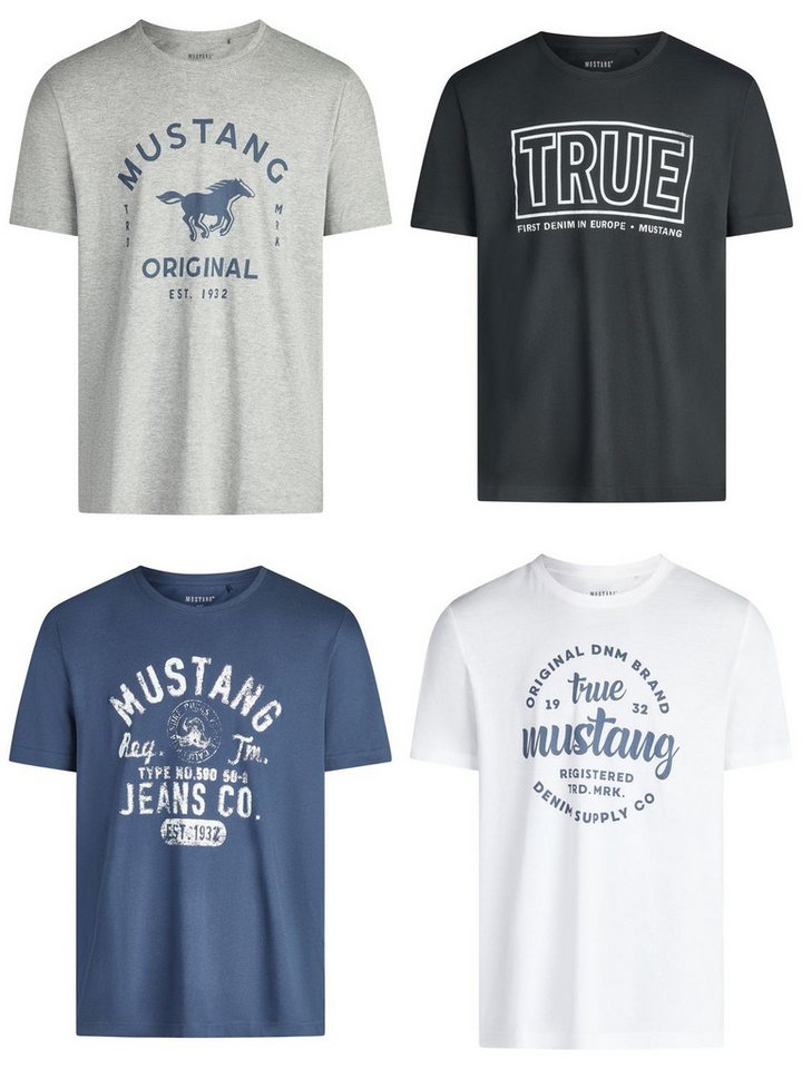 MUSTANG T-Shirt Herren Printshirt 4er Pack Set Regular Fit (Vorteilspack, 4-tlg) Kurzarm Sommer Tee Shirt mit Rundhalsausschnitt aus 100% Baumwolle