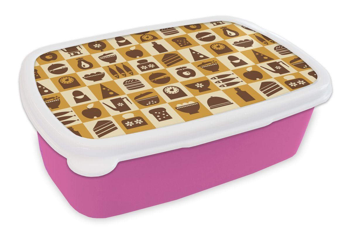 MuchoWow Lunchbox Küche - Kochen - Vintage - Muster, Kunststoff, (2-tlg), Brotbox für Erwachsene, Brotdose Kinder, Snackbox, Mädchen, Kunststoff rosa