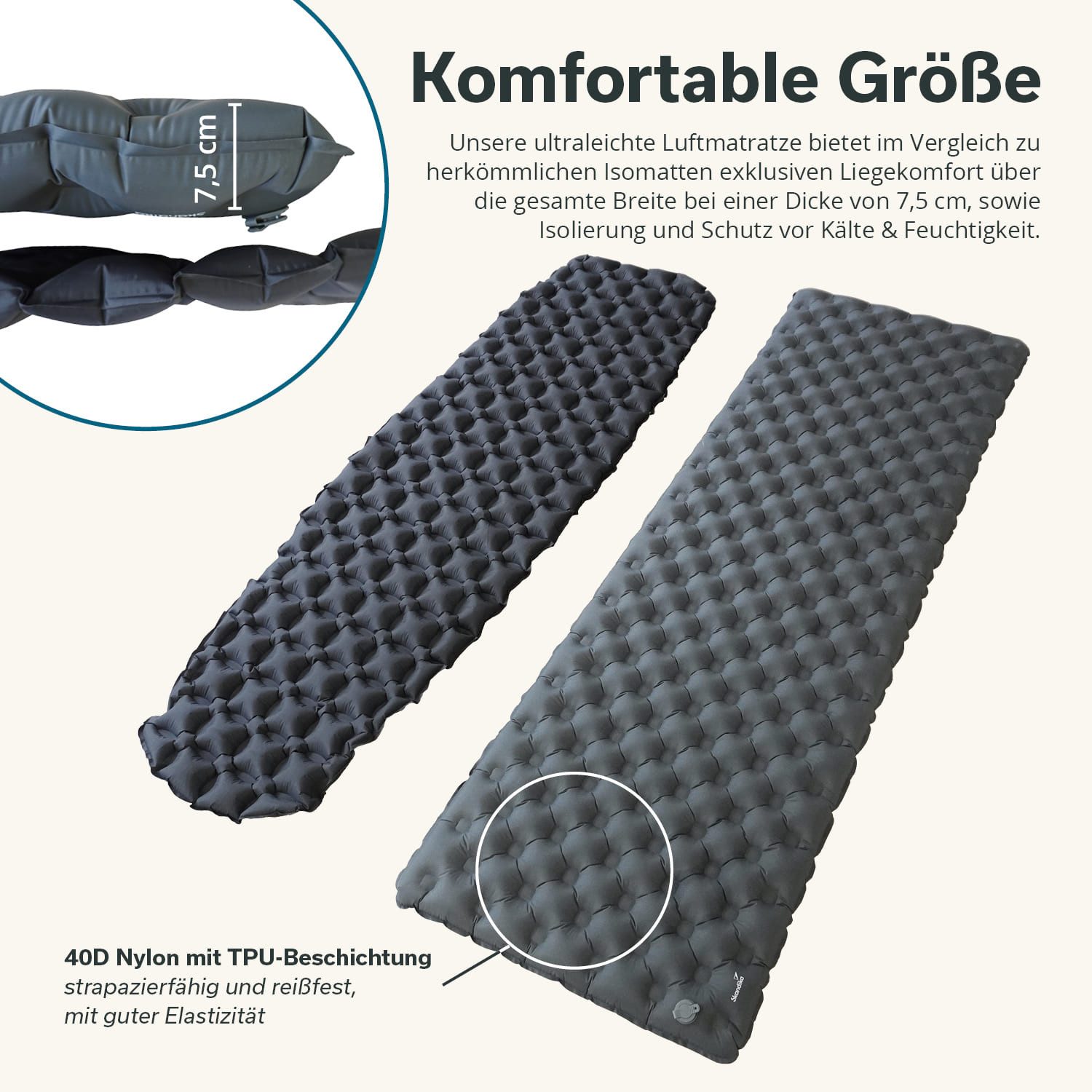Skandika Isomatte Exclusive Air Single, Aufblasbare Schlafmatte, Campingmatte, Zelt, (Strapazierfähig, reißfest, wasserabweisend, atmungsaktiv), ultraleicht, Aufblasbare Luftmatratze, kleines Packmaß Outdoor/Indoor