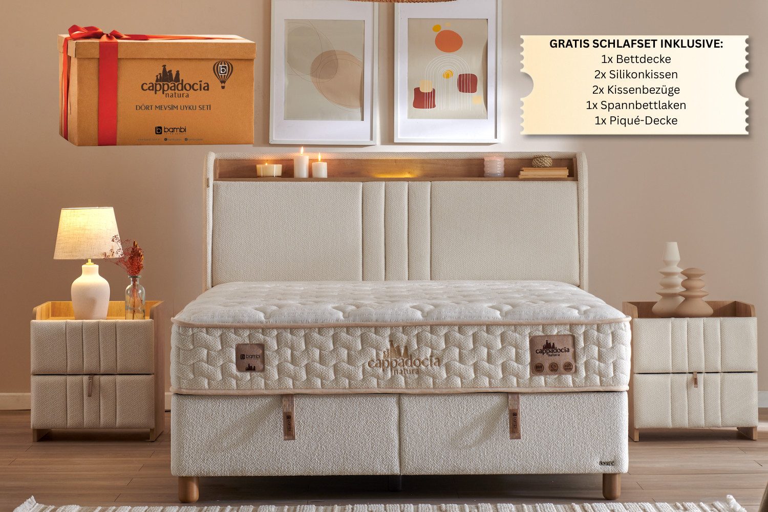 BAMBI YATAK Boxspringbett mit Matratze & Stauraum, Bambi Cappadocia, Bett mit Bettkasten H3 (LED Beleuchtung mit USB & Type-C), Bett mit 7-Zonen Taschenfederkernmatratze