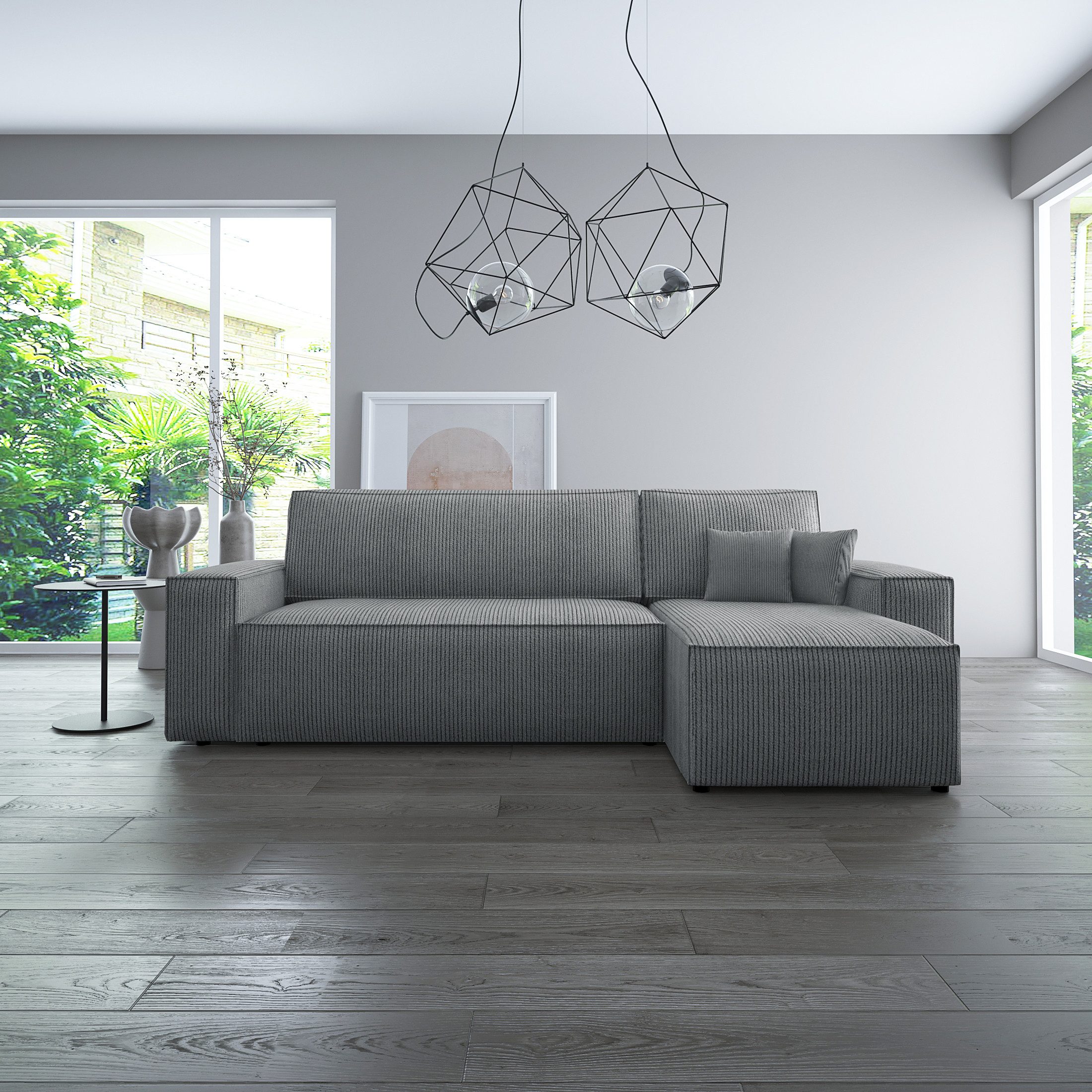 thematys Ecksofa mit Schlaffunktion und Bettkasten, L-Form, Cord und Bouclé + 2 Kissen, 244 x 145cm - Luxus Couch mit Bettfunktion mit Bonnellfedern
