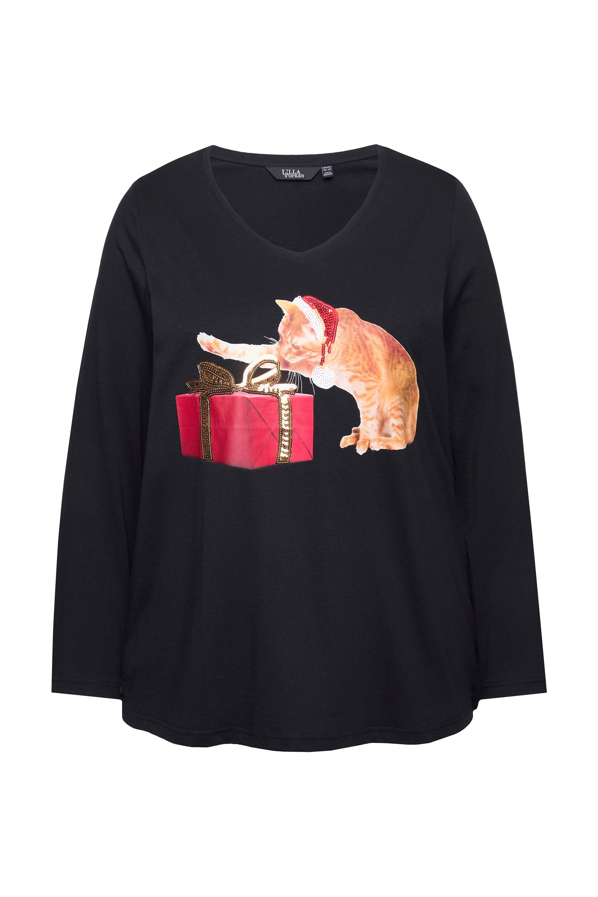Ulla Popken Longsleeve Weihnachtsshirt Katze A-Linie günstig online kaufen