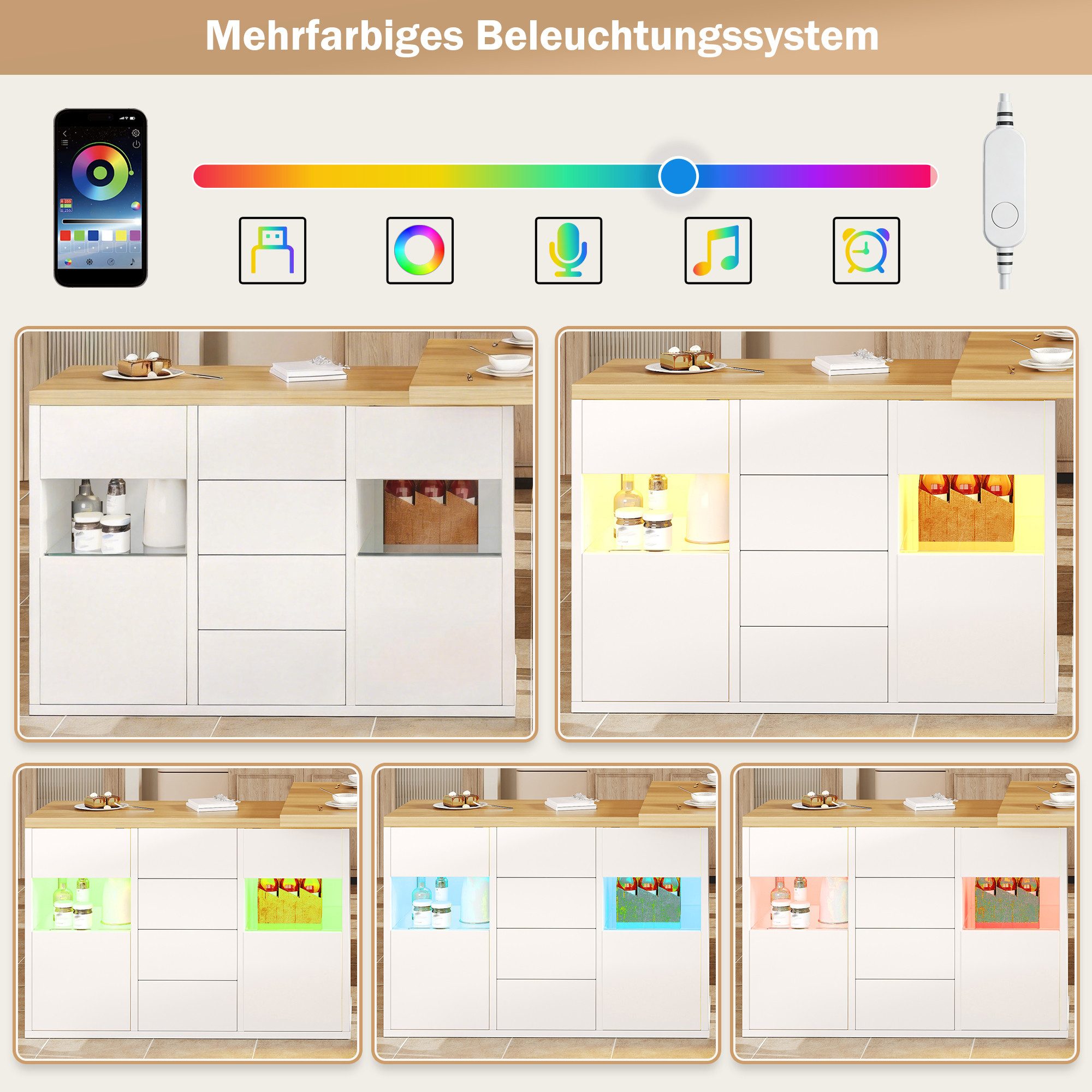 i@home Bartisch Ausziehbarer Kücheninsel-Esstisch (Packung Set), 360° drehbare mit App-gesteuerter RGB-LED