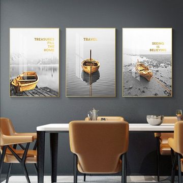 TPFLiving Kunstdruck (OHNE RAHMEN) Poster - Leinwand - Wandbild, Gelbes Schiff auf grauem Grund mit schönen Zitaten - (Motive in verschiedenen Größen - auch im 3-er Set erhältlich), Farben: Gelb, Grau - Größe: 10x15cm