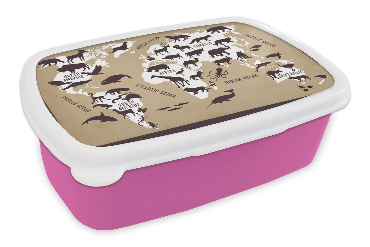 MuchoWow Lunchbox Weltkarte - Tiere - Braun, Kunststoff, (2-tlg), Brotbox für Erwachsene, Brotdose Kinder, Snackbox, Mädchen, Kunststoff rosa