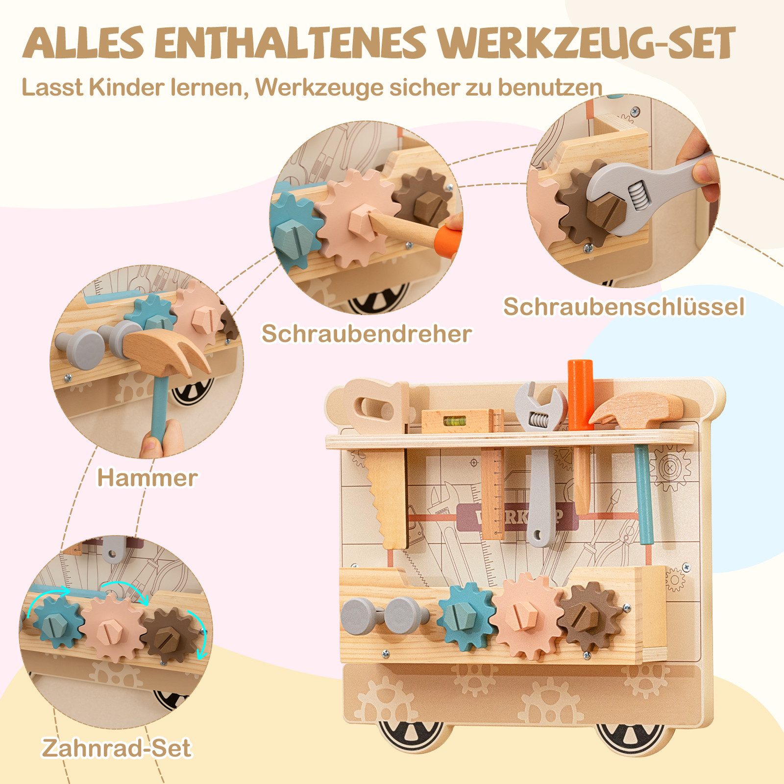COSTWAY Motorikbrett, Wandmontiertes Activity Board mit Spielküche & Snackbar