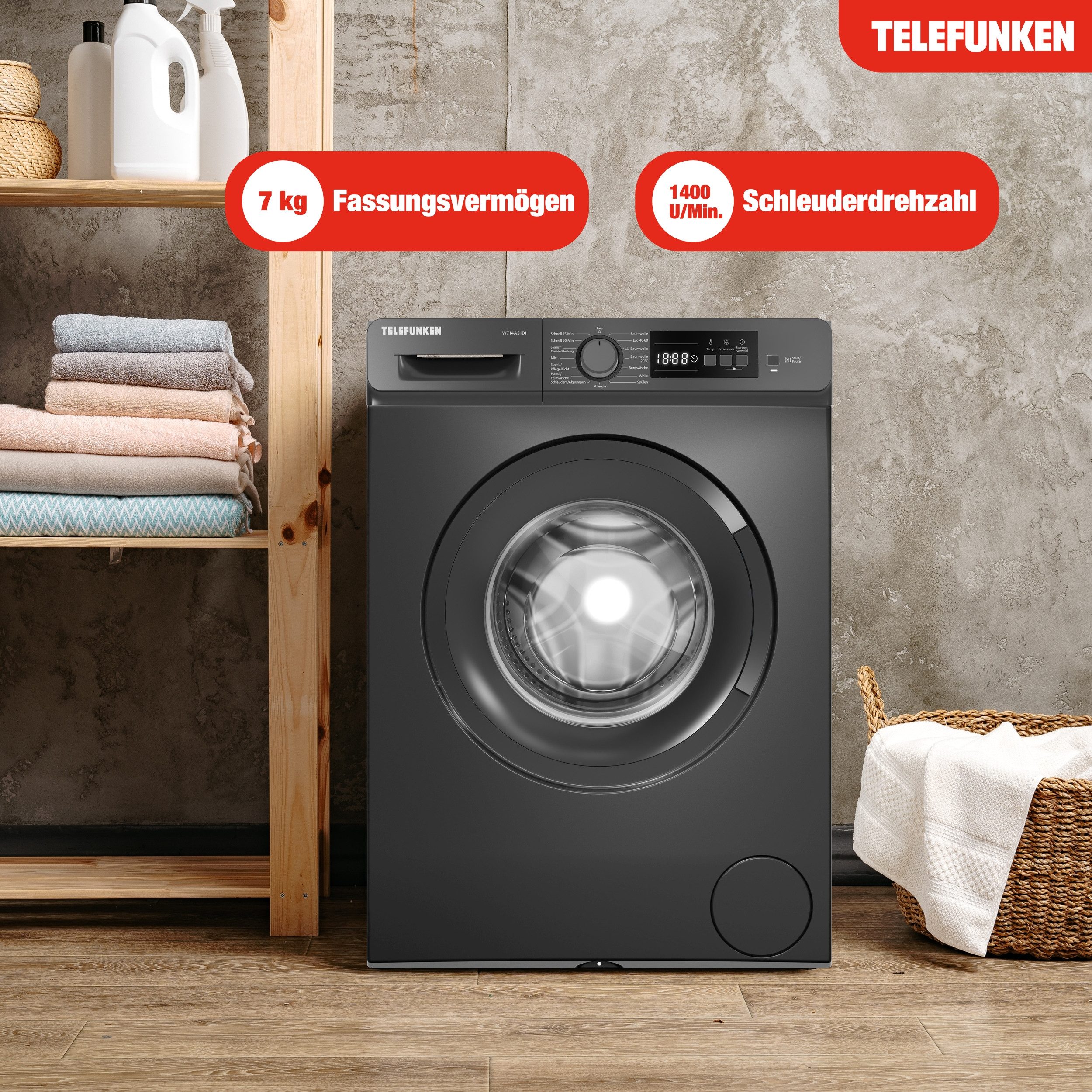 Telefunken Waschmaschine W714AS1DI, 7 kg, 1400 U/min, Frontlader, Inverter Motor, AquaStop, 7kg, leise, effizient, dark inox