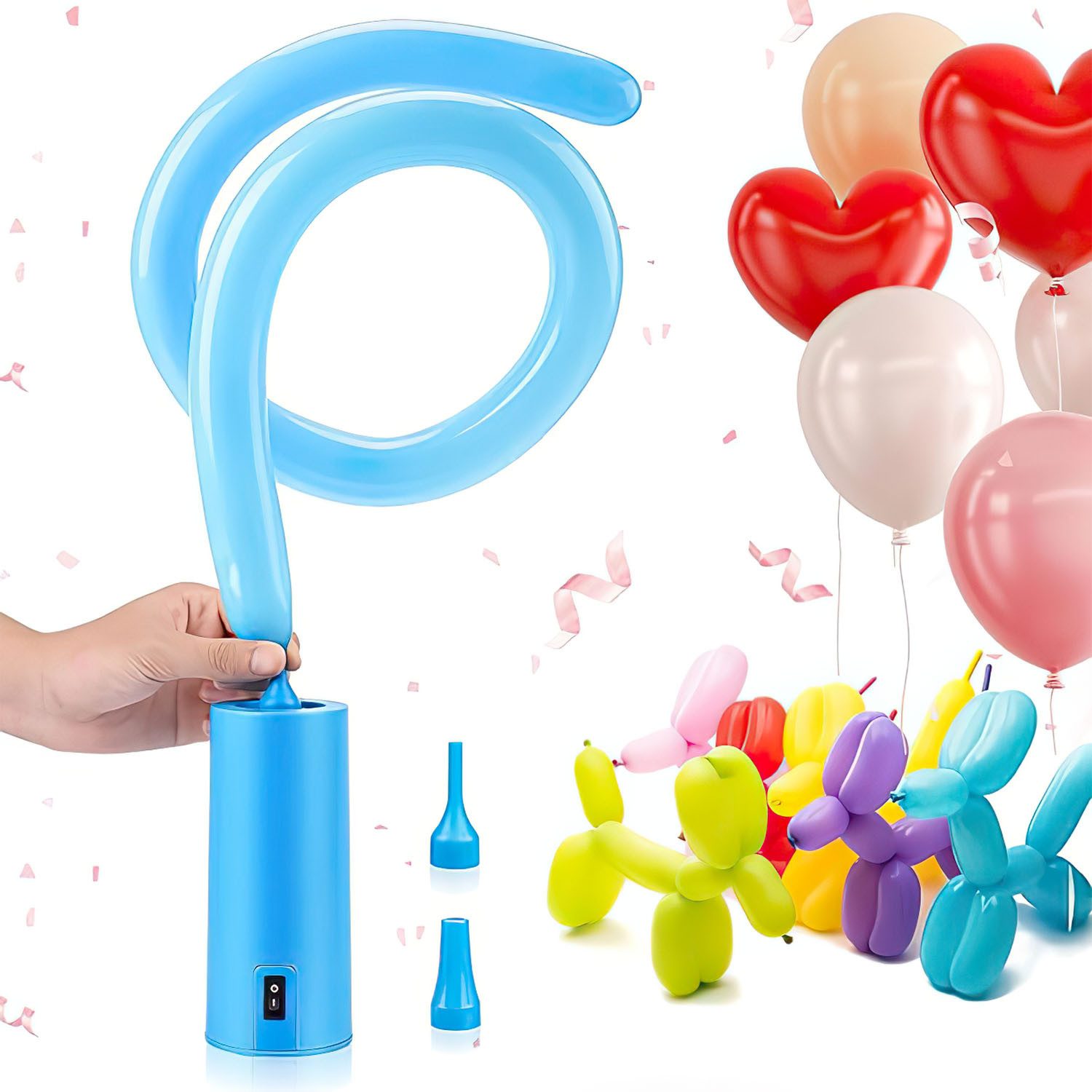AIMAX Elektropumpe Luftballonpumpe Luftpumpe Ballonpumpe Elektrisch mit Automatik, Luftballon Aufblasgerät Kommt mit Zwei Aufblasbaren Köpfen