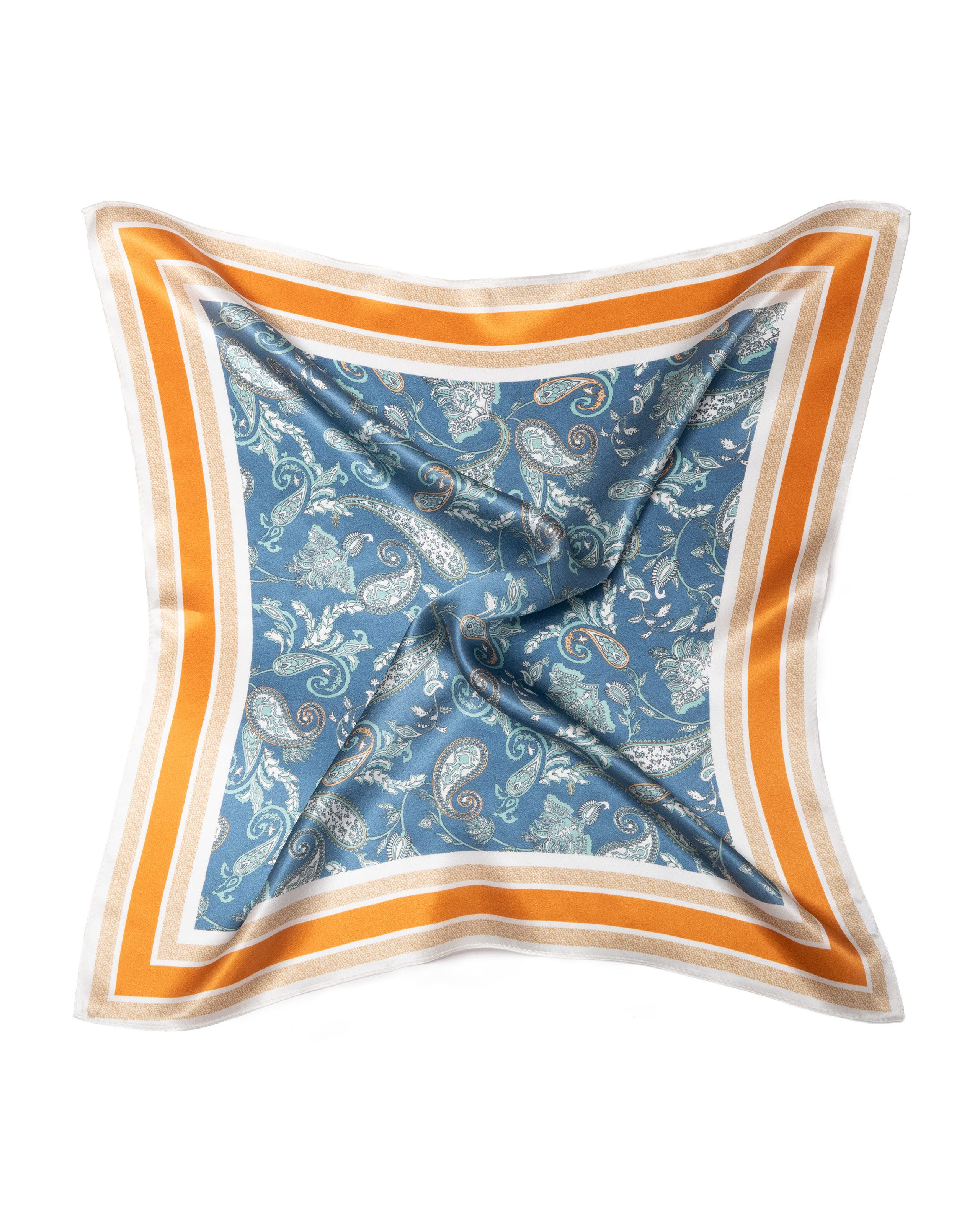 MayTree Seidentuch quadratisch Paisley 53x53 jeansblau orange, (Stück), 100% Seide, Trachten, Oktoberfest