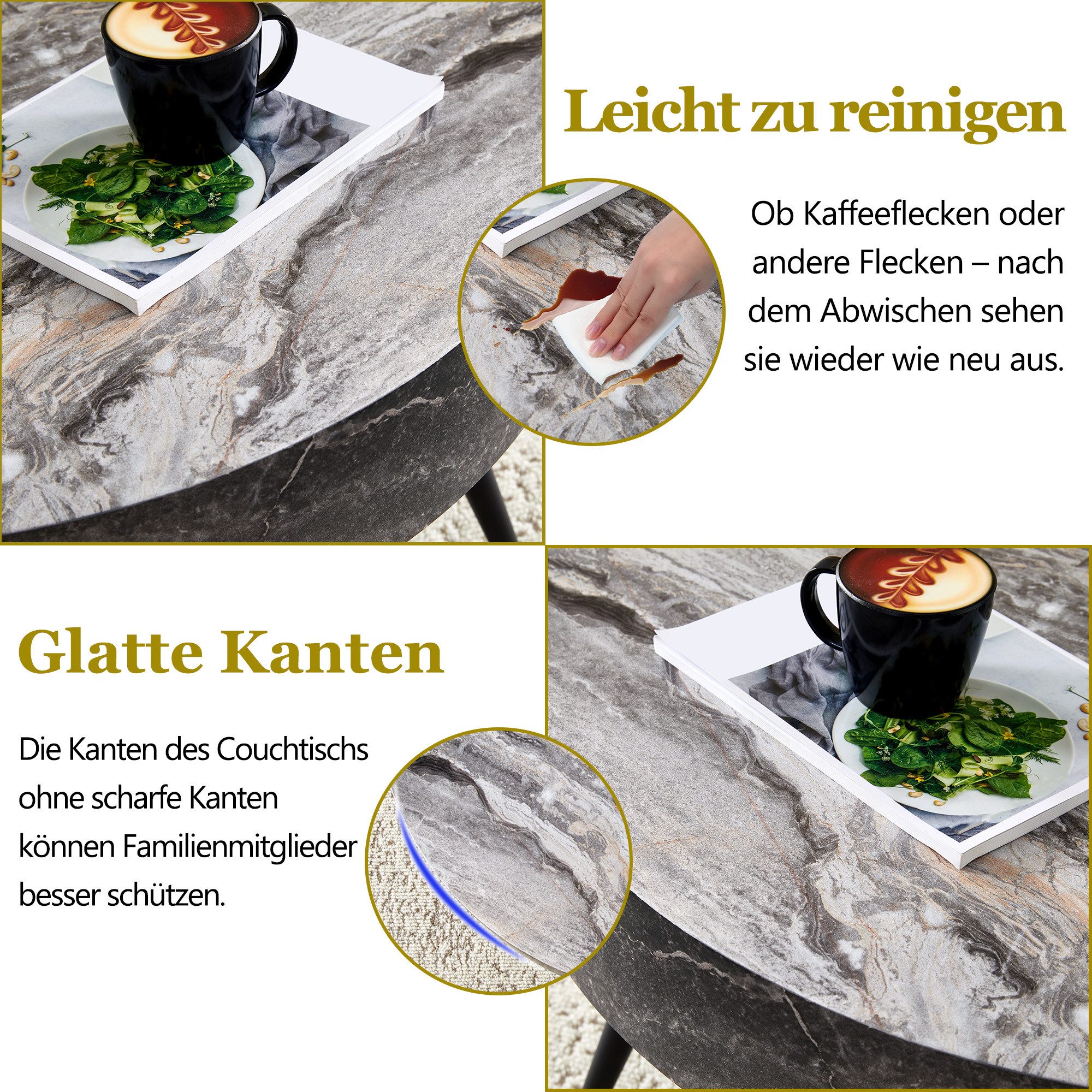 i@home Couchtisch Runder Kaffeetisch, 70 cm Durchmesser in Holzoptik, Schwarze Metallbeine, minimalistisch, ideal für kleine Räume.