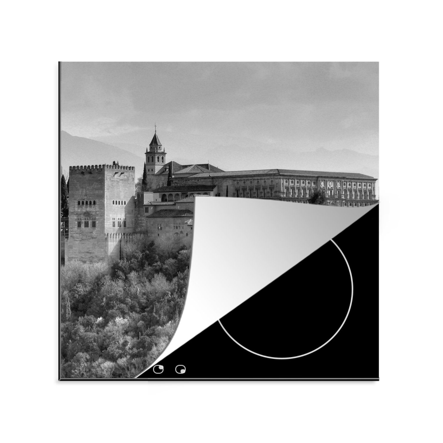 MuchoWow Herdblende-/Abdeckplatte Blick auf die Alhambra vom Mirador de San Nicolás in schwarz-weiß, Vinyl, (1 tlg), 78x78 cm, Ceranfeldabdeckung, Arbeitsplatte für küche