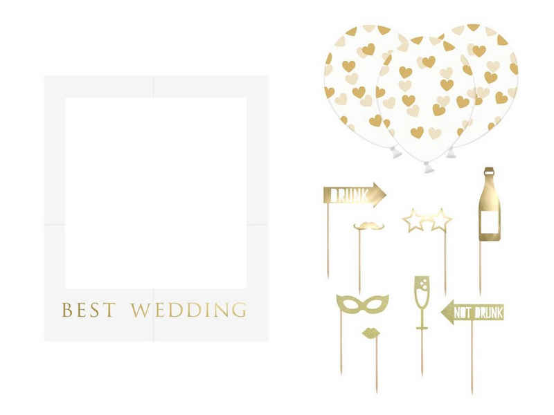 partydeco Papierdekoration, Fotobox Requisiten für Hochzeit mit Luftballons 12er Set weiß / gold