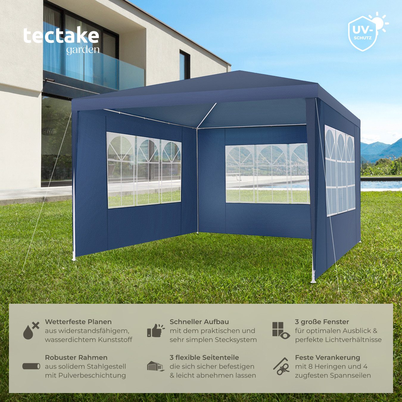 tectake Pavillon Partyzelt Barinas mit 3 Seitenteilen, wasserdicht, 3x3m, m günstig online kaufen
