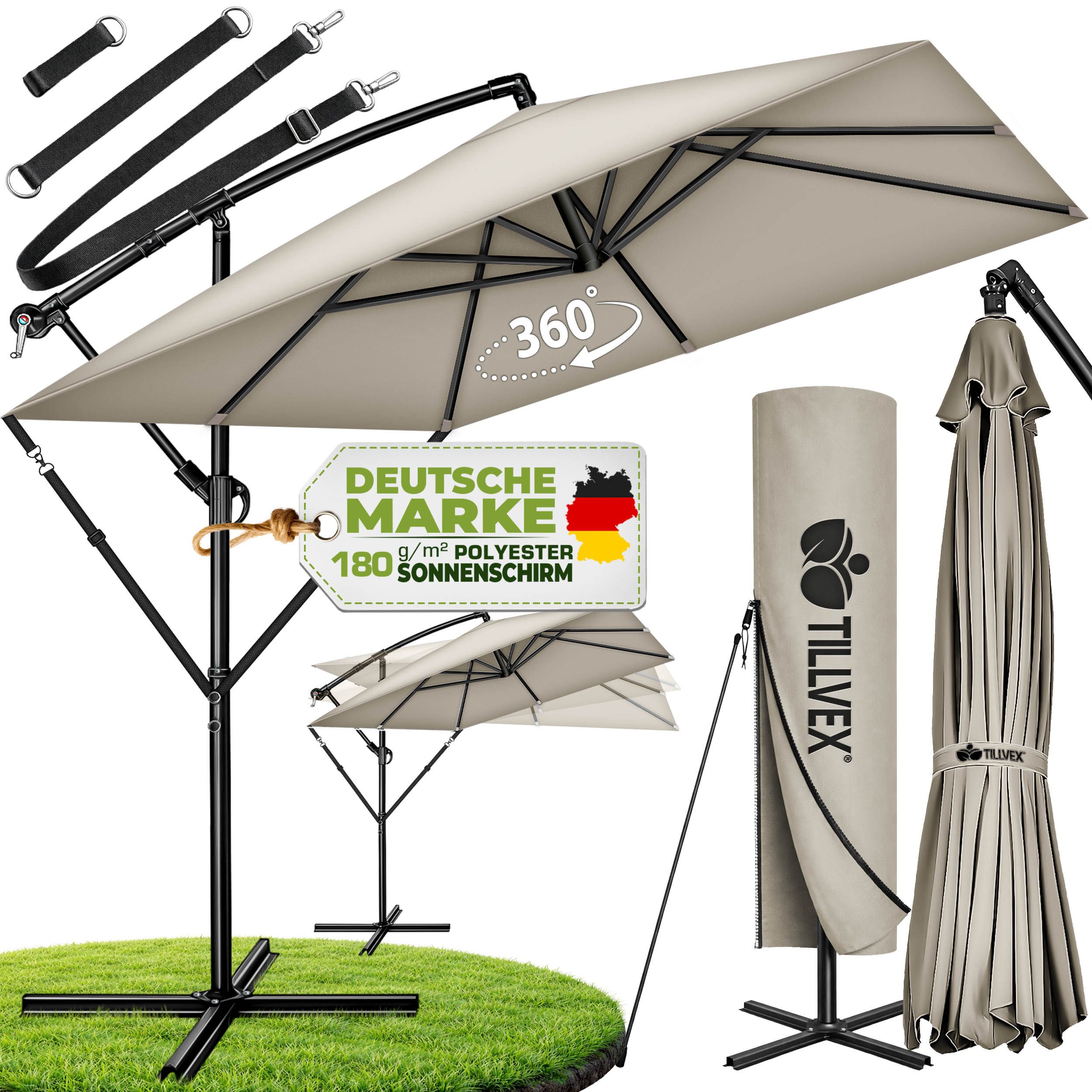 tillvex Sonnenschirm tillvex® Sonnenschirm eckig 235 x 235 cm Ampelschirm Gartenschirm, Kurbelschirm Marktschirm wasserdicht 360° drehbar, mit Kurbel & Windschutz Gartenschirm Aluminium, Alu Ampelschirm Ø 330 cm Rechteckig + Abdeckung