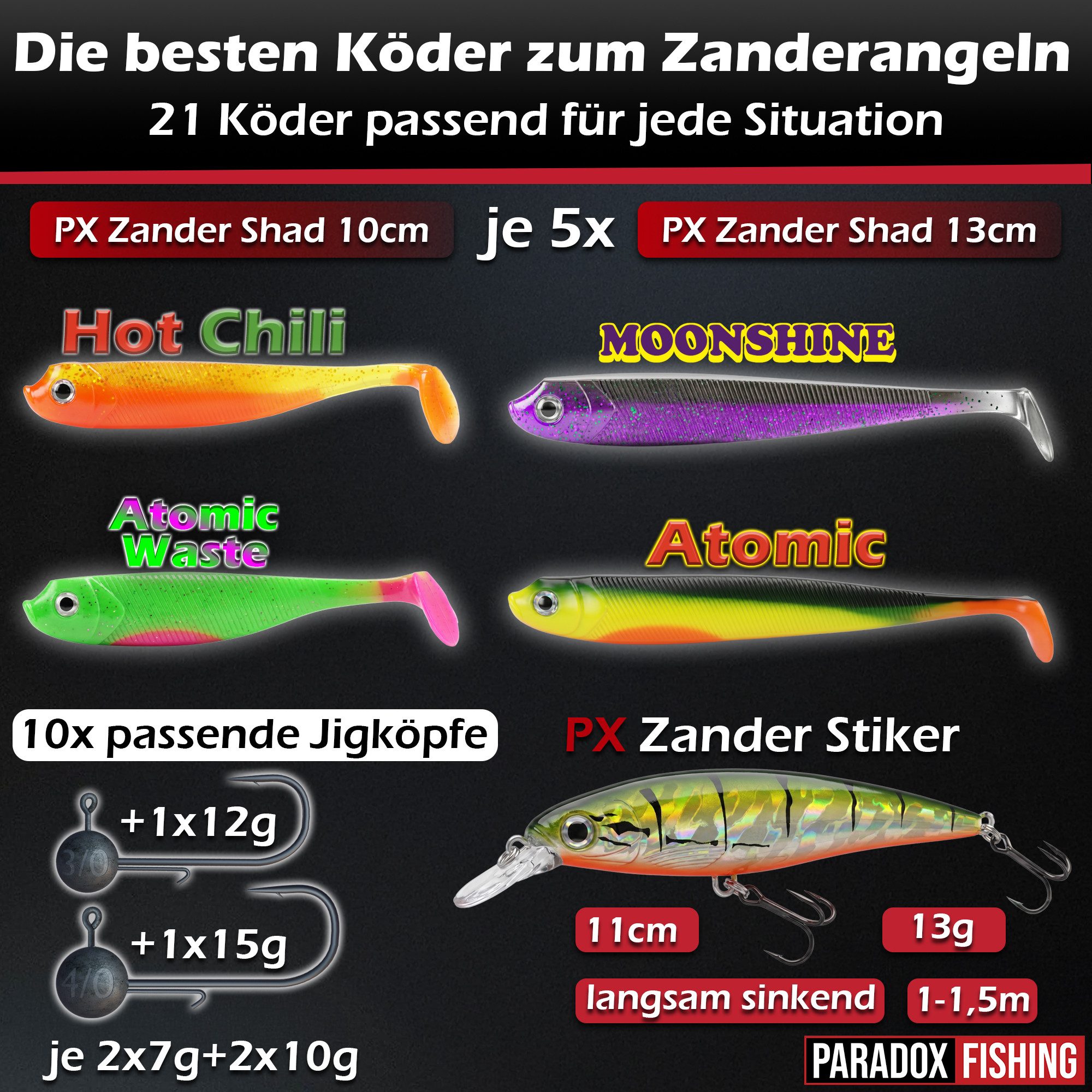 Paradox Fishing Spinnrute Zander Komplett Set Firetiger Spinnrute 15-35g + 3000 Infinity Rolle, (Rute + 3000 Rolle + Köderset), Komplett-Starterset