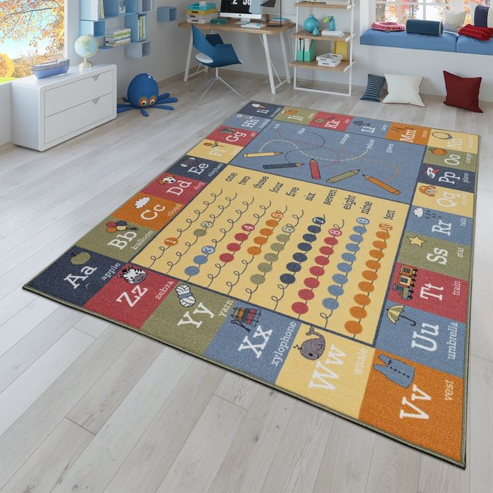 Kinderteppich Kinder-Teppich Wendbarer Teppich Mit Landschafts-Design und Lern-Motiven Bunt TT Home rund Höhe: 9 mm