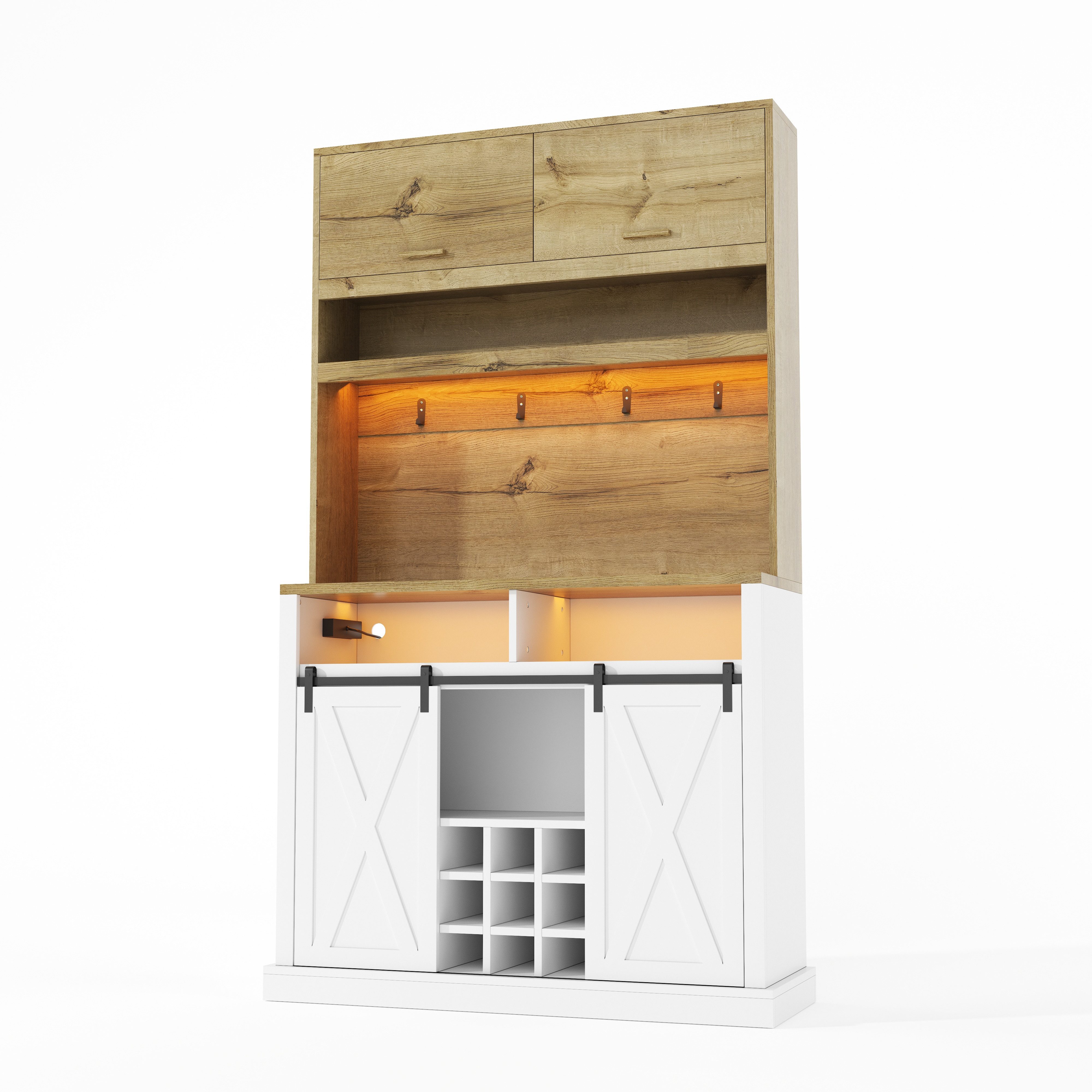 Flieks Küchenbuffet Hochschrank mit LED-Beleuchtung, Steckdose, Haken, Weinregal (1-St., B110/T42/H191 cm) Küchenschrank mit Arbeitsplatte in Holzoptik Mehrzwec – Bild 4 von 5