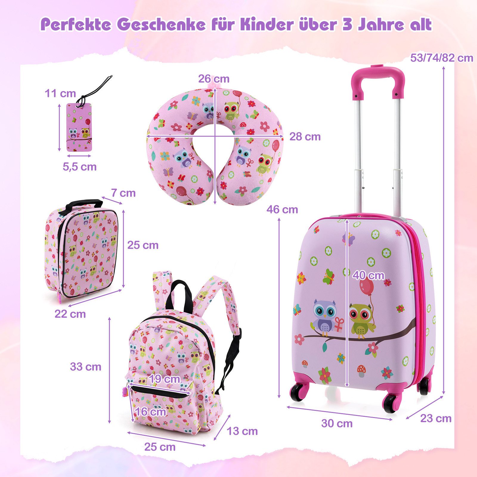 COSTWAY Kinderkoffer Set, 4 Rollen, 5 teiliges Trolley mit Handgepäck, Kissen