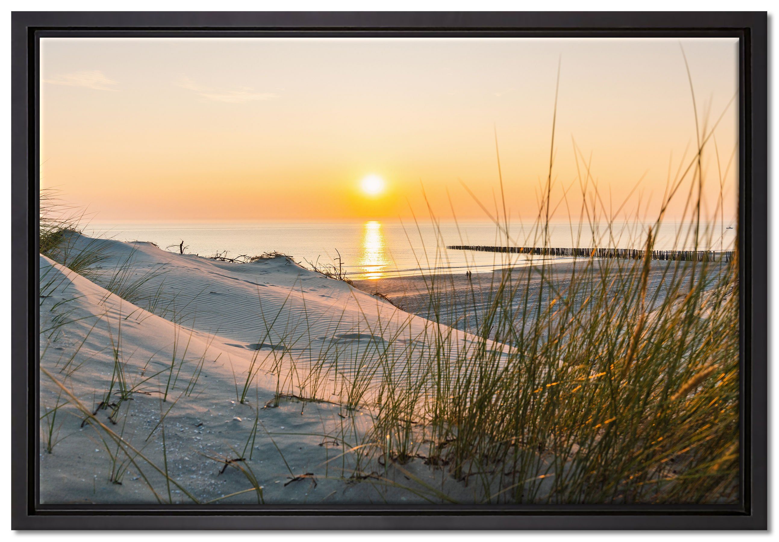 Meer Dünenblick gefasst, Leinwandbild Schattenfugen-Bilderrahmen Zackenaufhänger auf in bespannt, einem Pixxprint Leinwandbild (1 fertig bei Wanddekoration St), inkl. Sonnenuntergang,