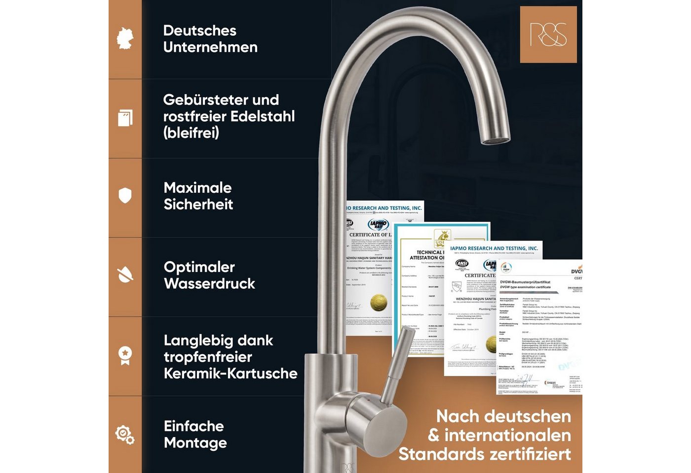 Thumbnail - Rosenhahn & Söhne Küchenarmatur Föhr 200 Küchenarmatur 360° drehbar, komfortabel, pflegeleicht, langlebige Keramikkartus...