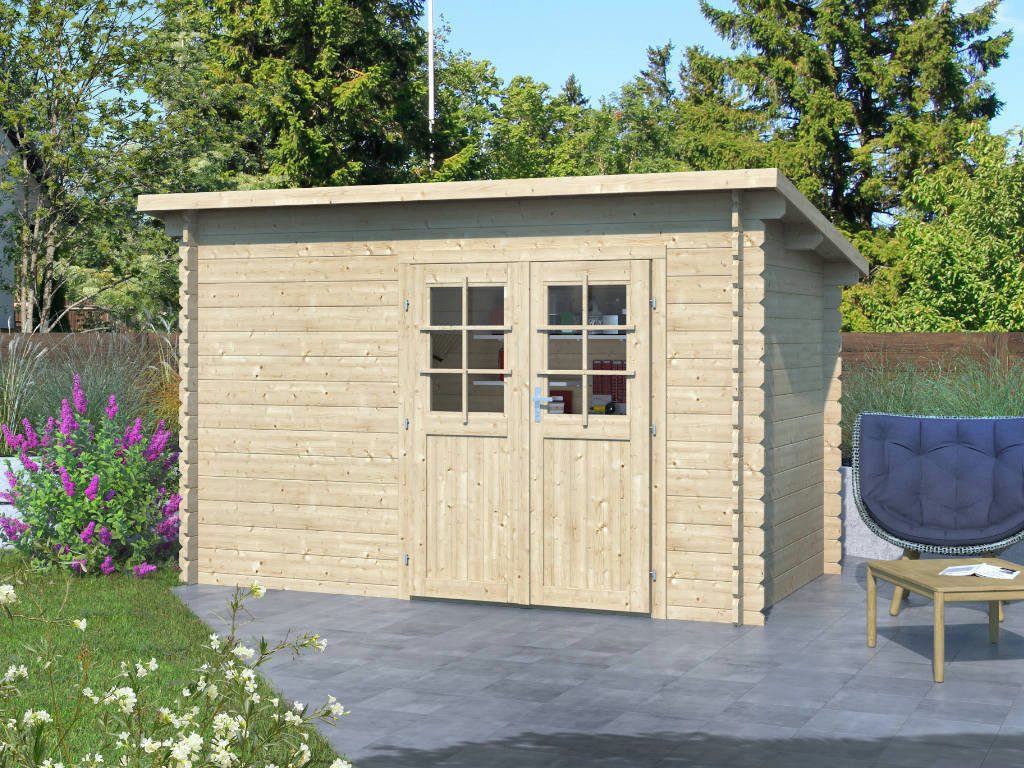 Woodtex Gartenhaus Gartenhaus Blockbohlenhaus Aras 34 mm naturbelassen, BxT: 368x210 cm, 34 mm Wandstärke, Einzeltür mit Echtglas-Einsätzen