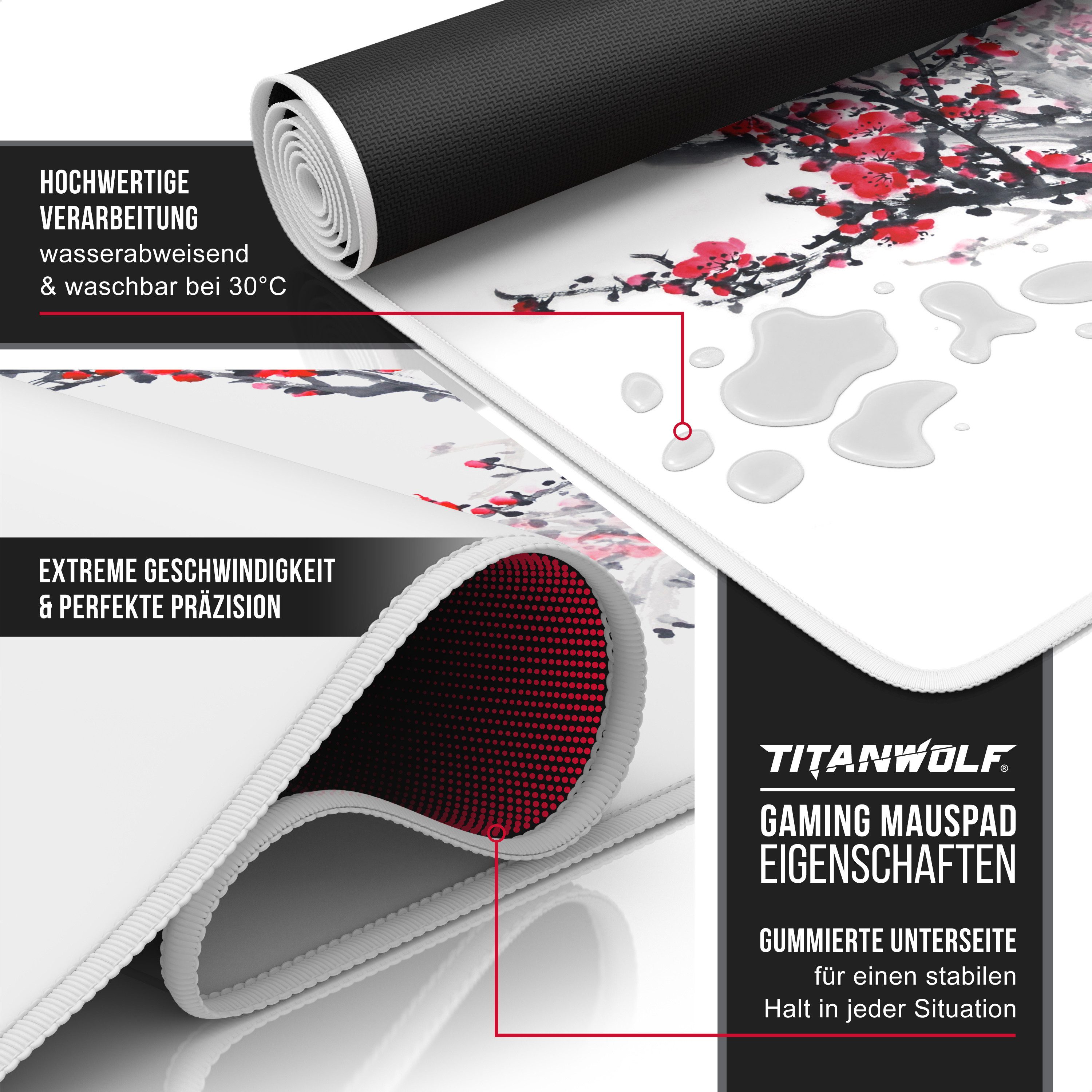 Titanwolf Gaming Mauspad XXL Speed Mousepad 900 x 400 x 3 mm, Schreibtischauflage, abwaschbar, rutschfeste Rückseite, Geschwindigkeit & Präzision, Ink Sakura 2